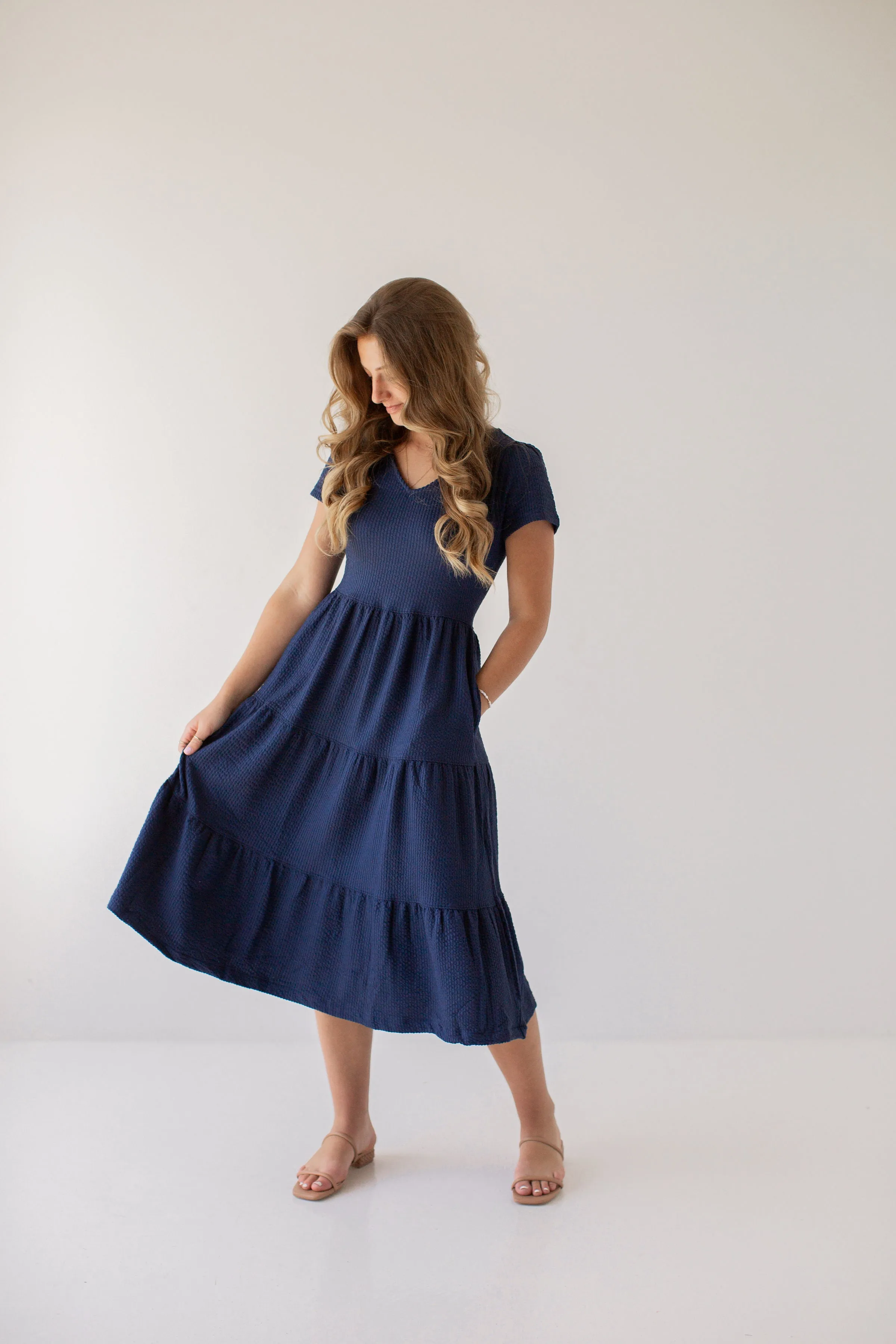 'Darya' Tiered Ribbed Midi Dress in Navy