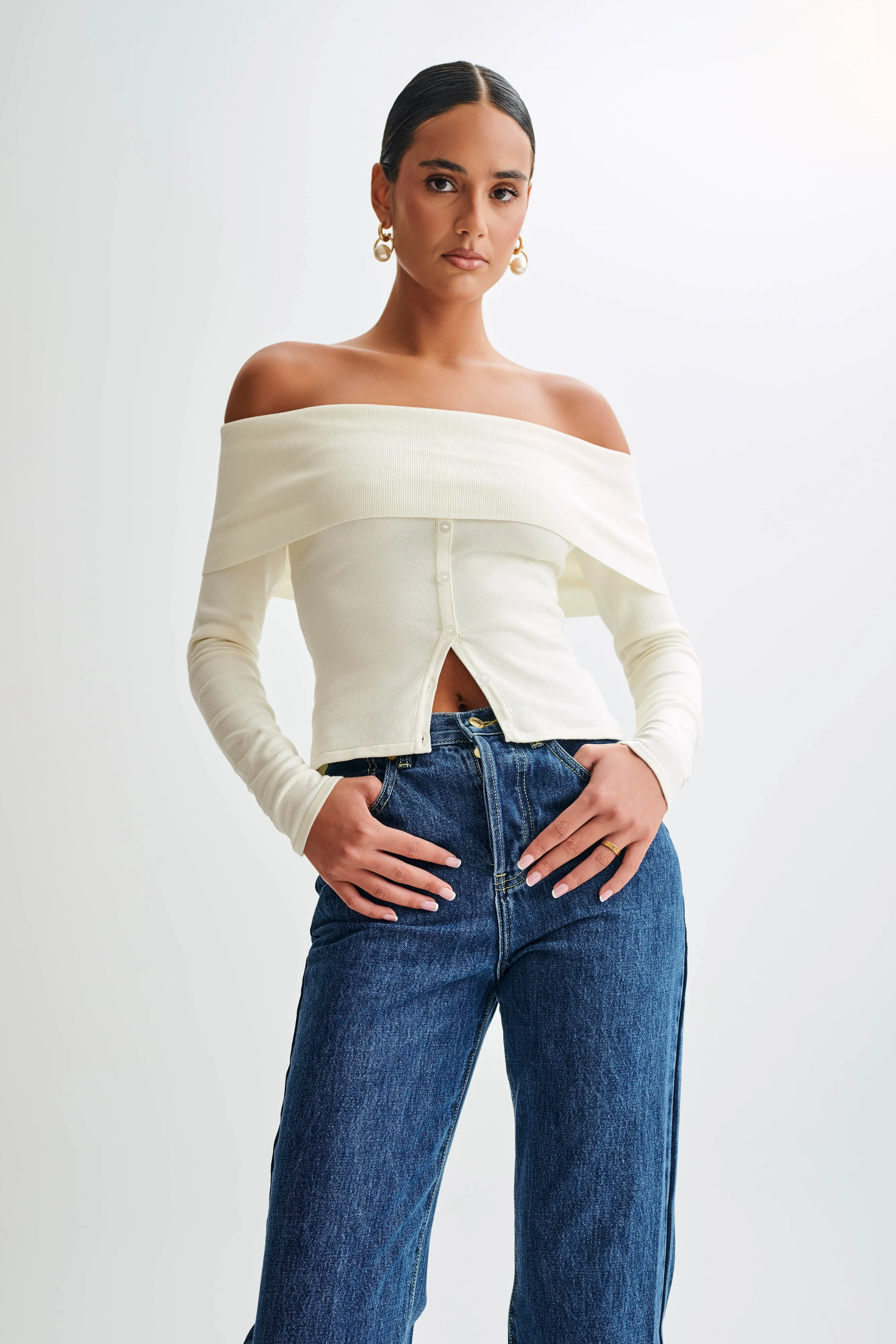 Diedre Buttoned Off Shoulder Knit Top - White