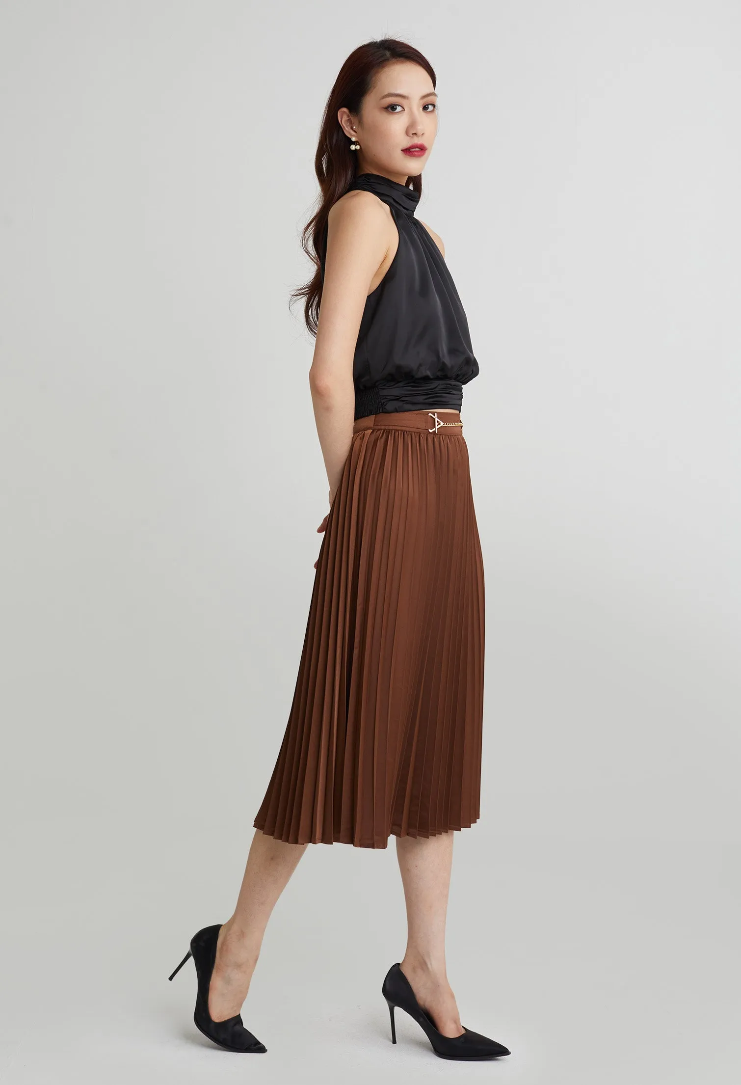 Elegant Column Pleated Midi Skirt