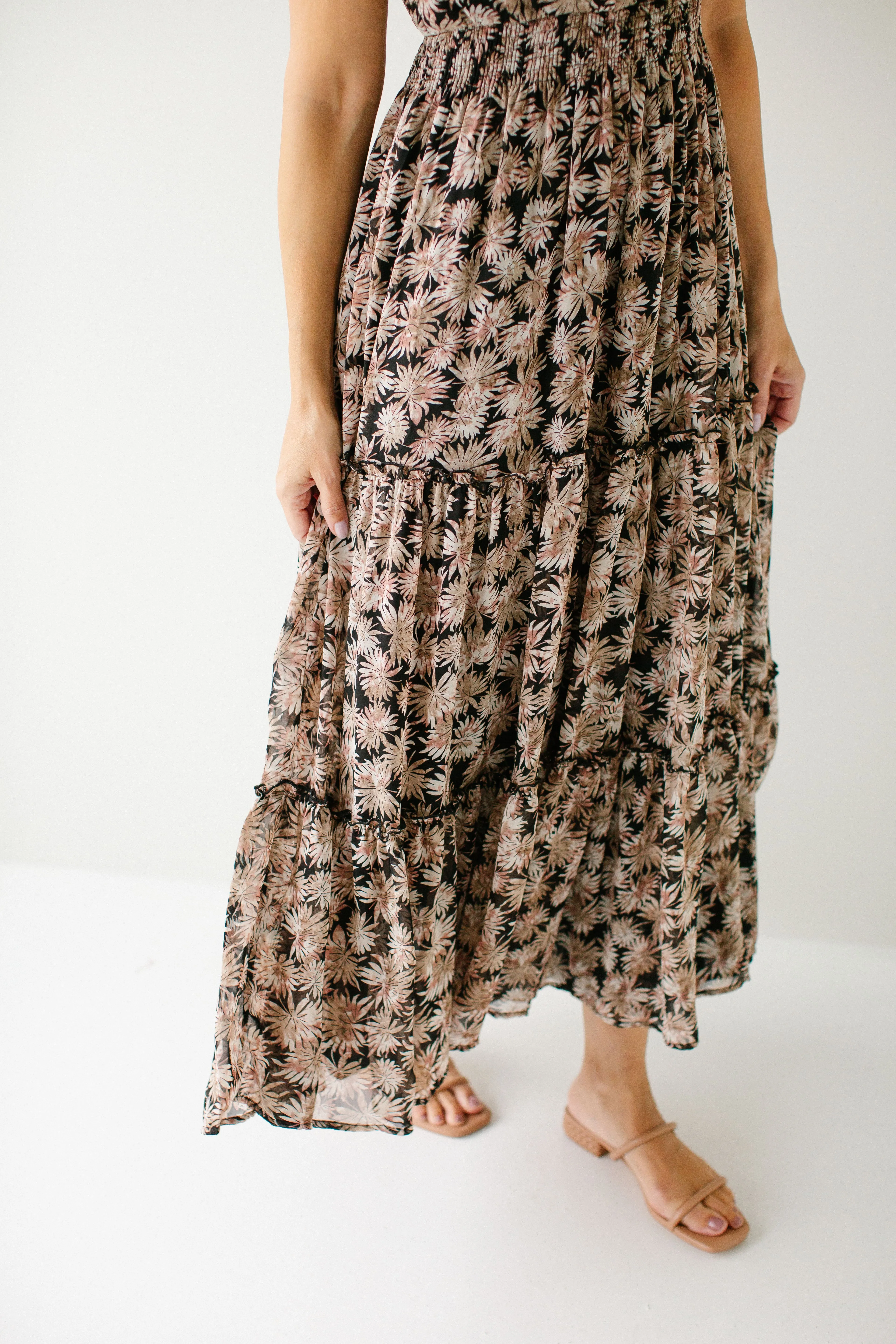 'Elizabeth' Leaf Print Tiered Maxi Dress in Black