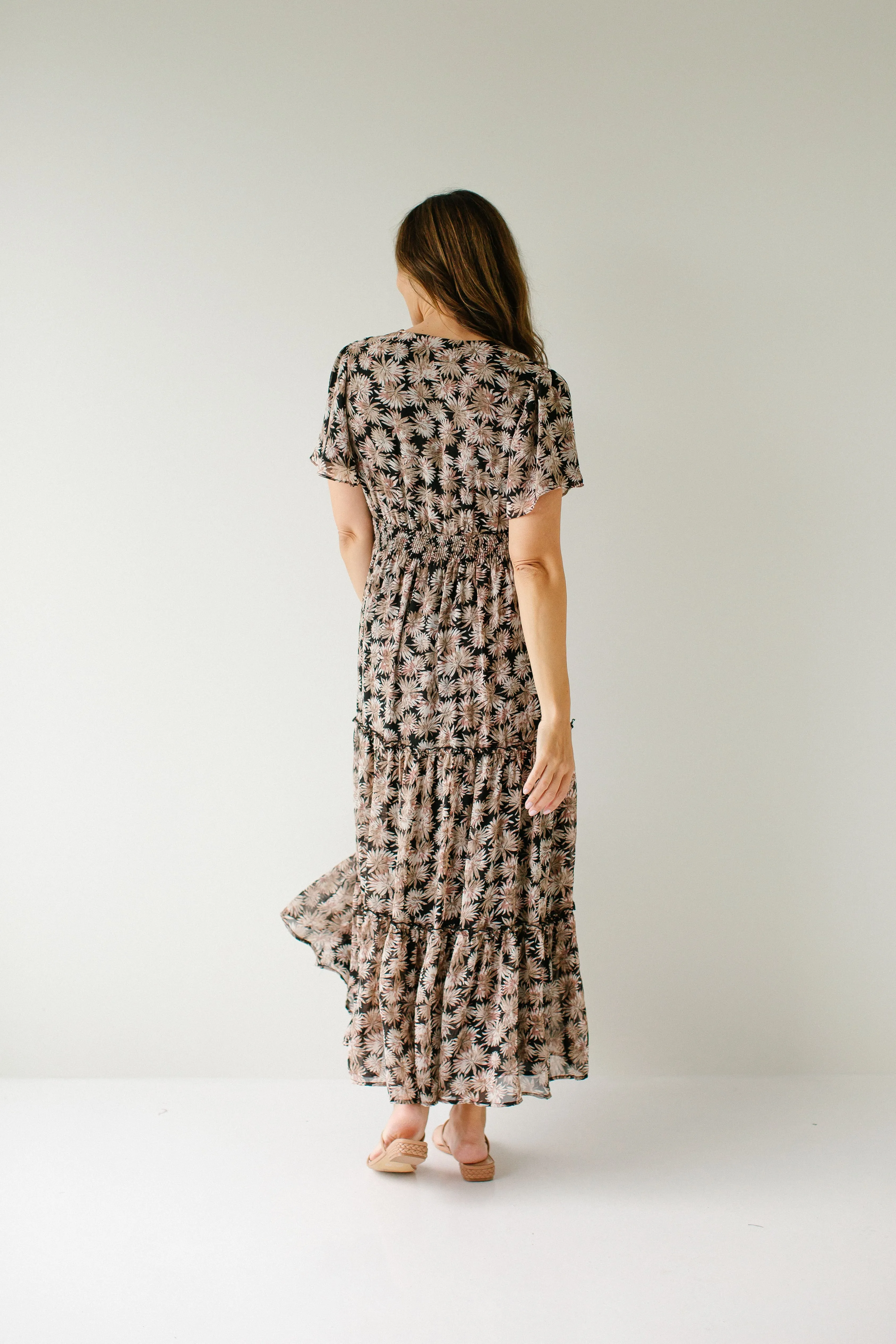 'Elizabeth' Leaf Print Tiered Maxi Dress in Black