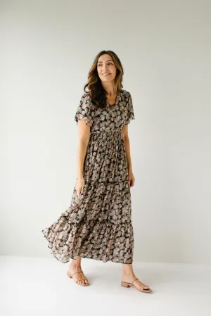 'Elizabeth' Leaf Print Tiered Maxi Dress in Black