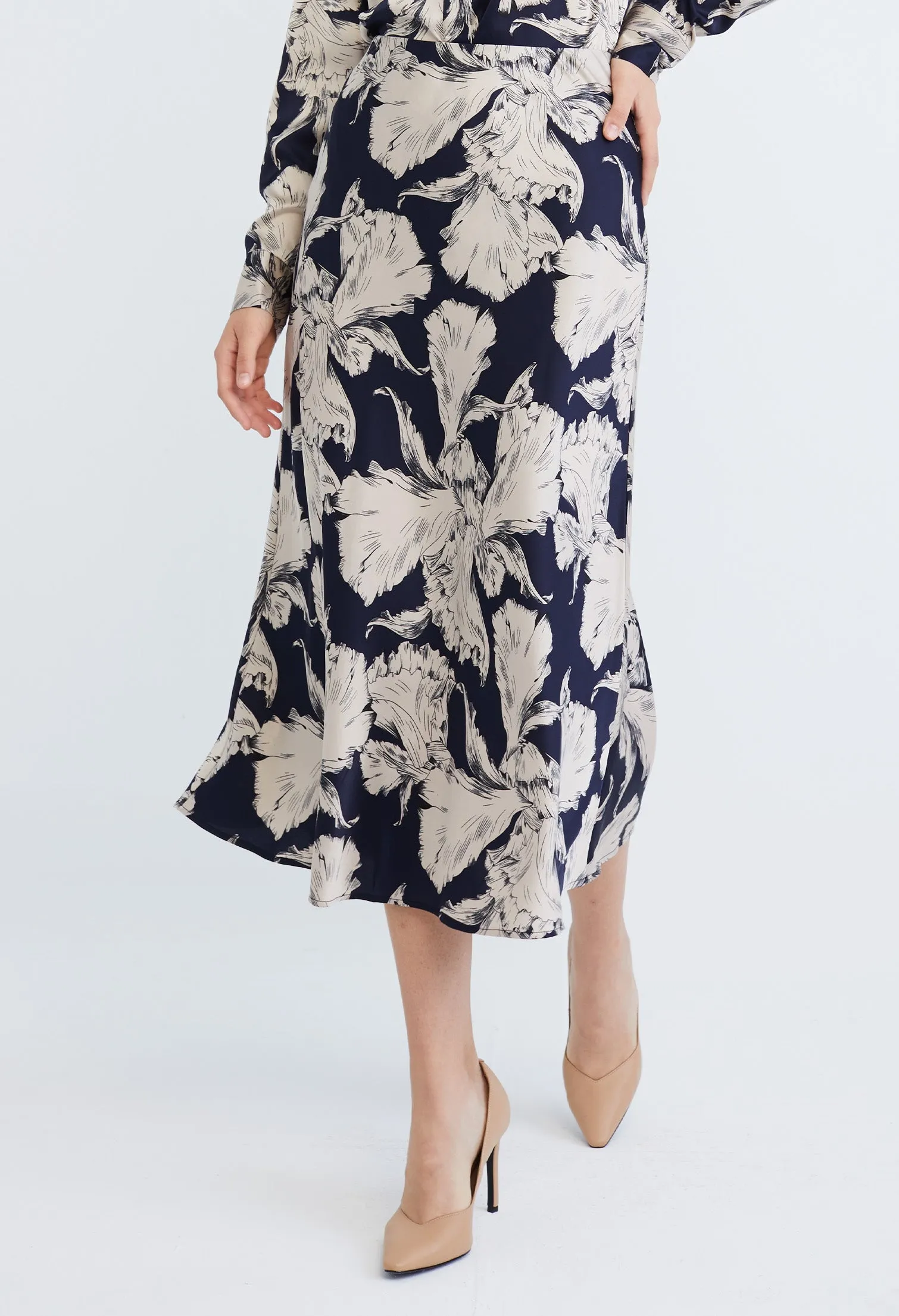 Floral Leaf Indigo Satin A-Line Skirt