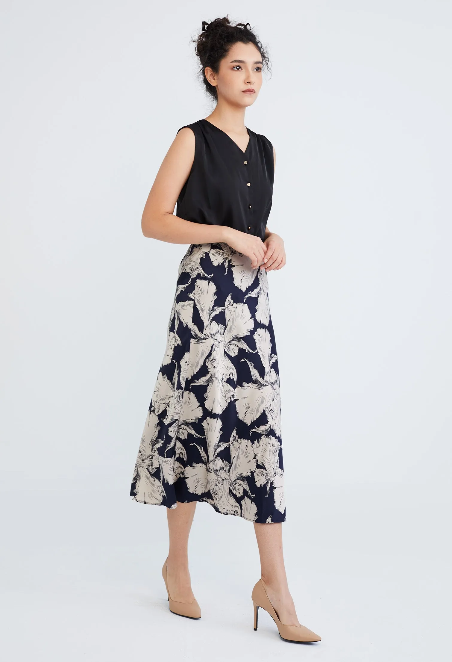 Floral Leaf Indigo Satin A-Line Skirt