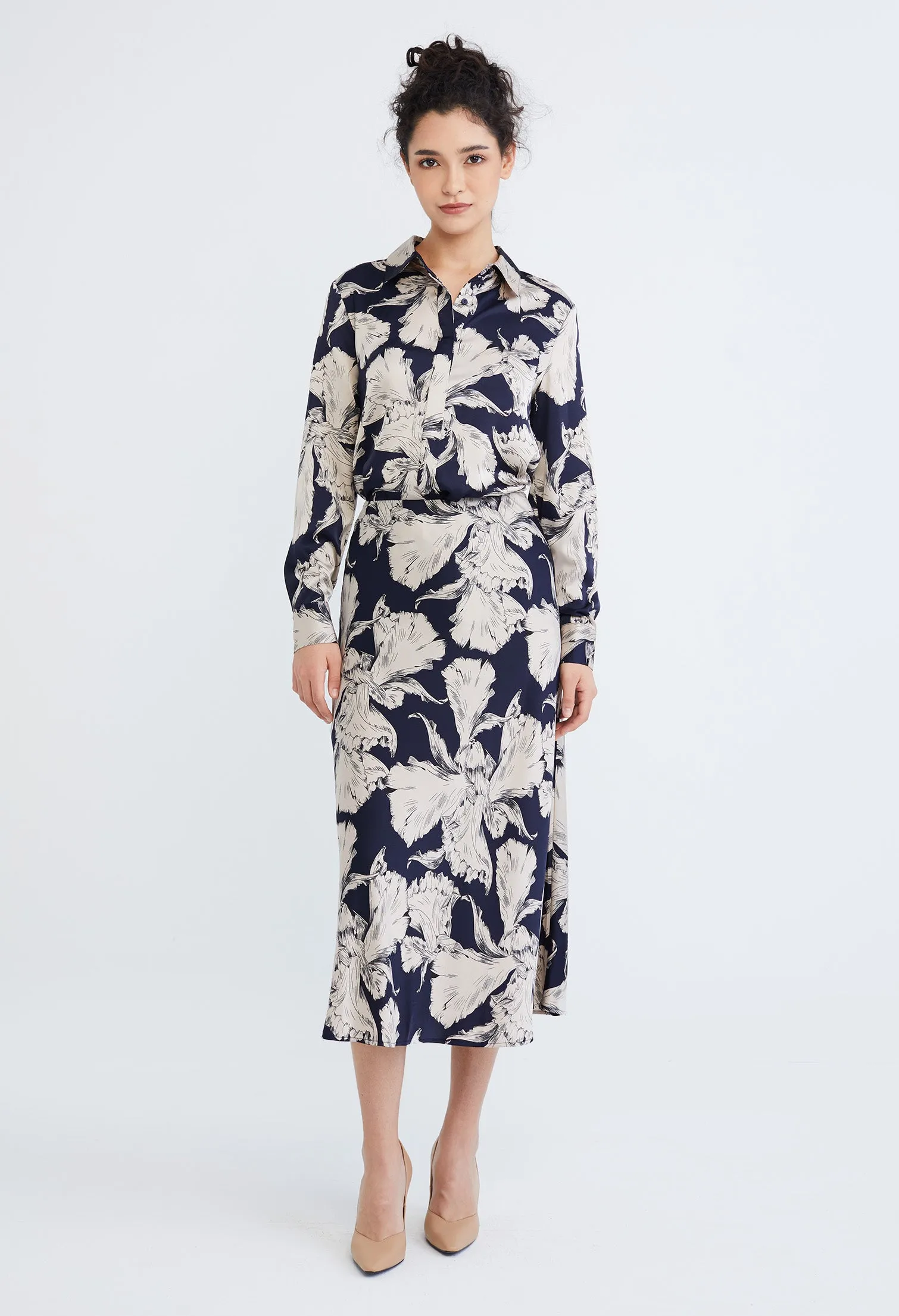 Floral Leaf Indigo Satin A-Line Skirt