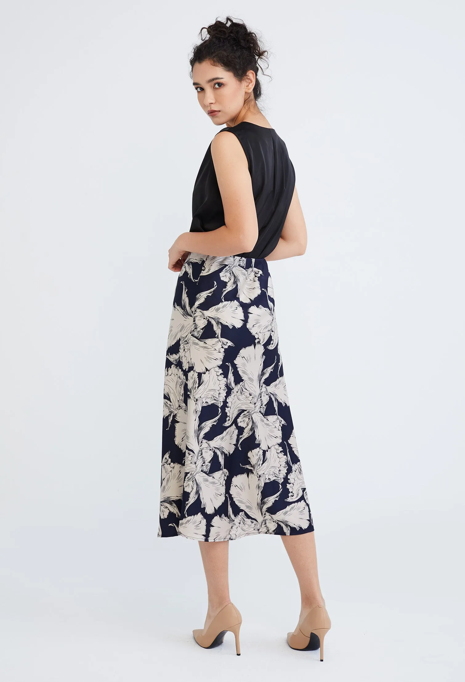 Floral Leaf Indigo Satin A-Line Skirt