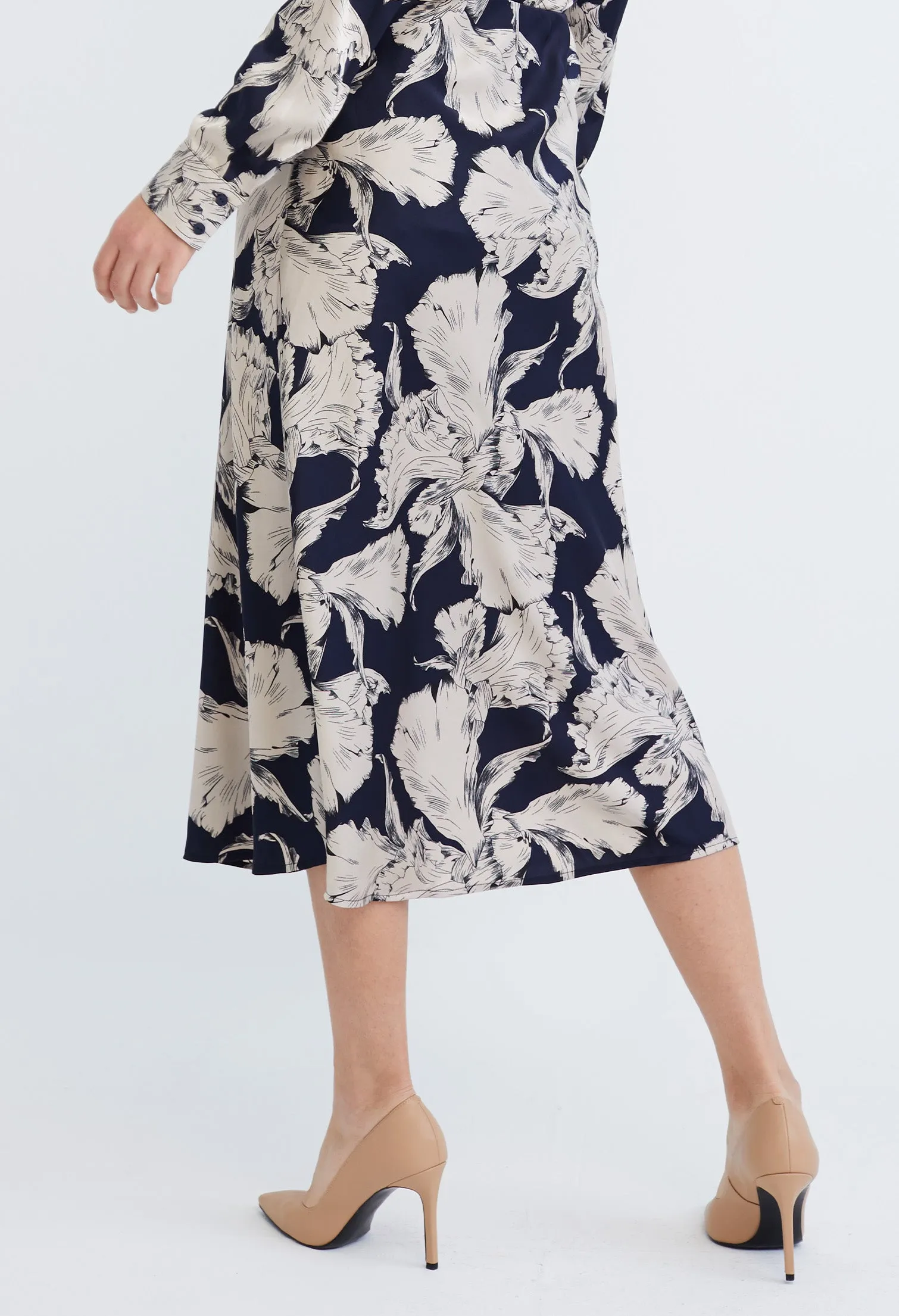 Floral Leaf Indigo Satin A-Line Skirt