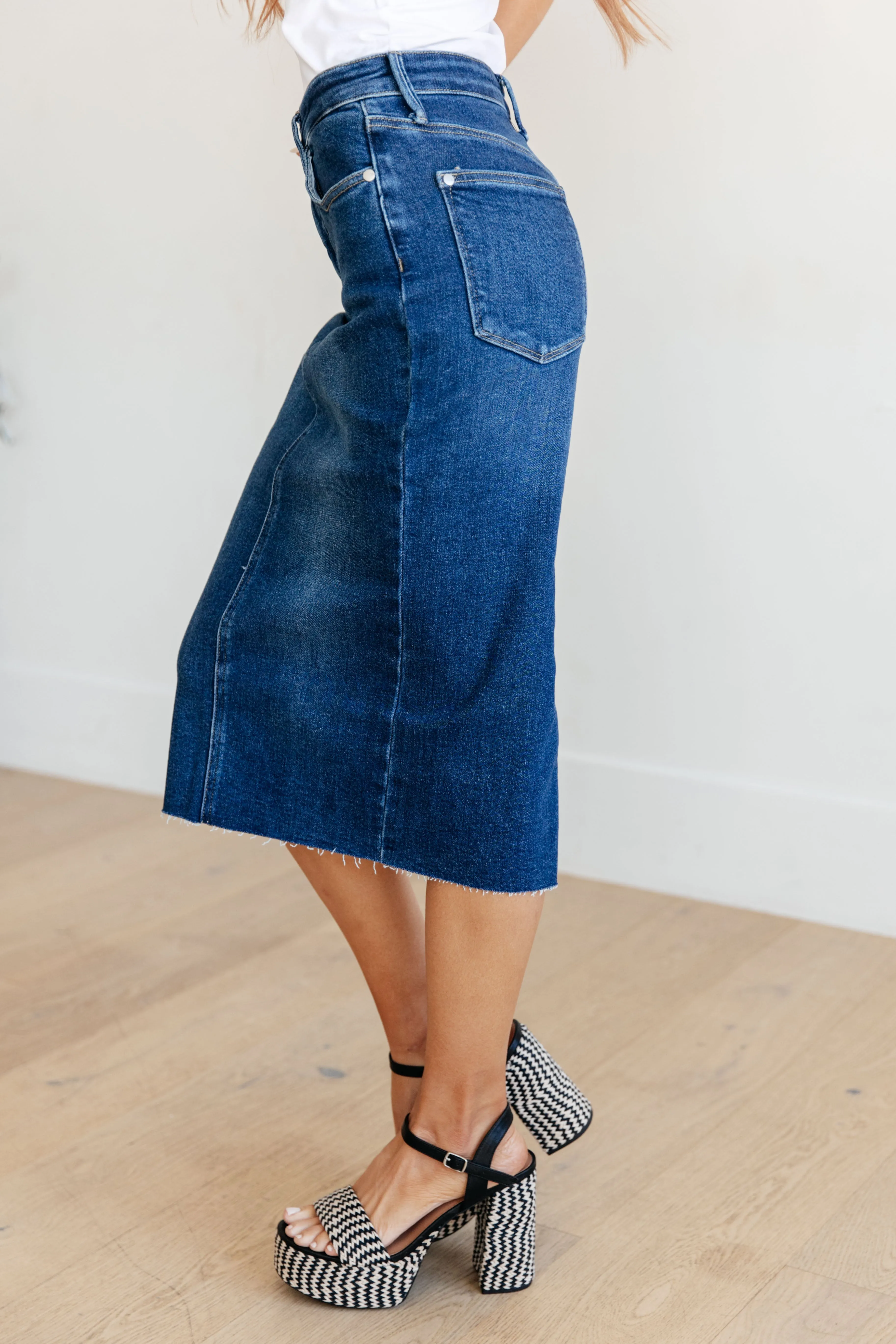 Judy Blue Dark Wash Denim Midi Skirt