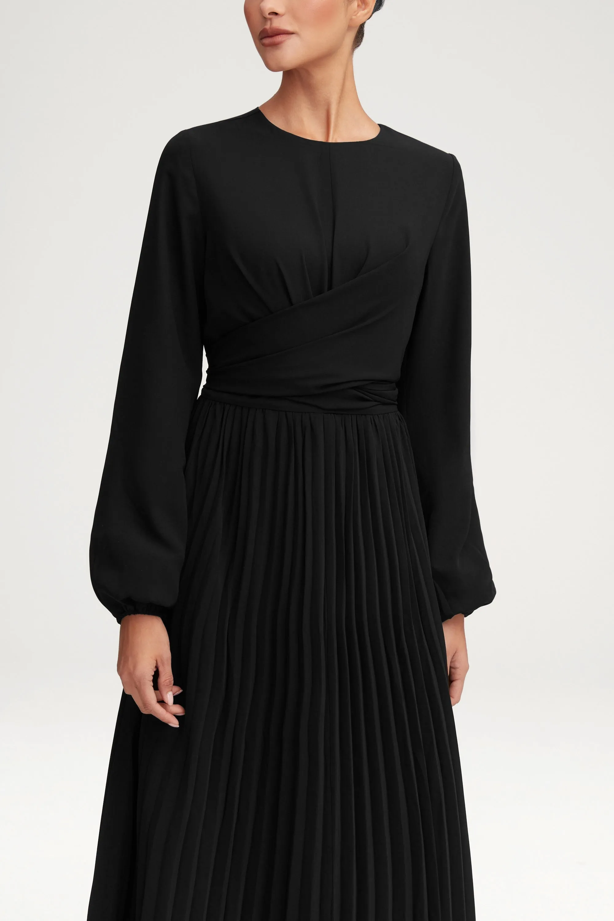 Layana Pleated Wrap Waist Maxi Dress - Black