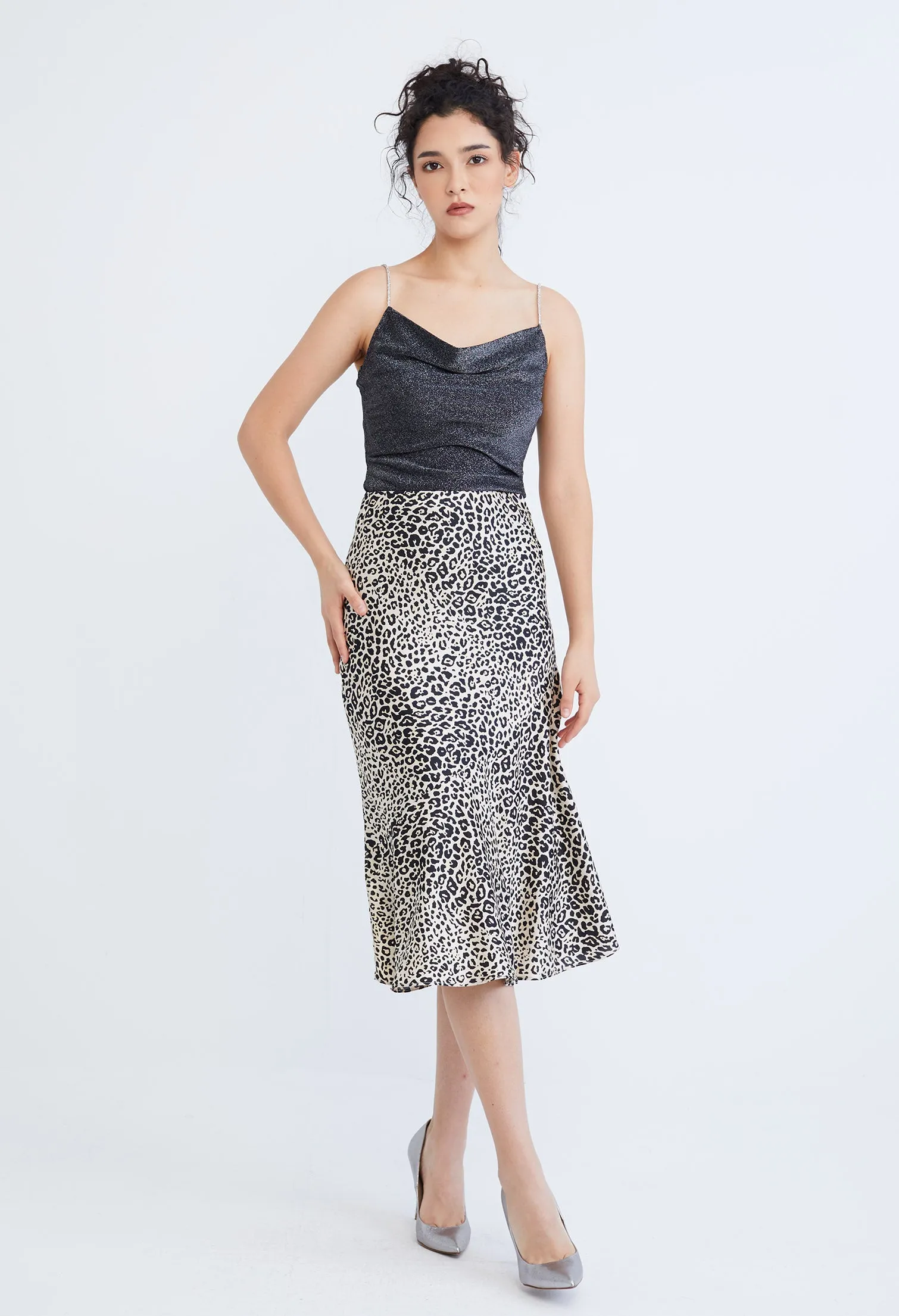 Leopard Spotted Satin Slip Skirt