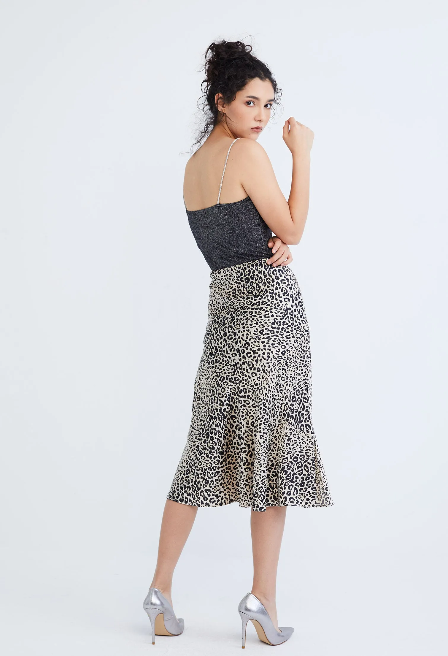 Leopard Spotted Satin Slip Skirt