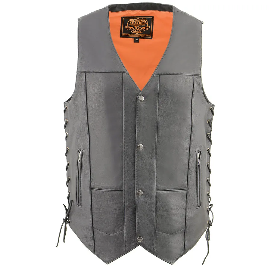 Men’s Cool Tec Black Leather 10 Pocket Snap Front Vest