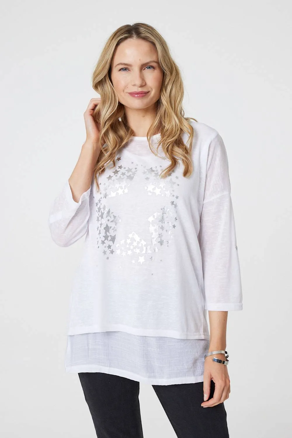 Metallic Star Print Layered Tunic Top