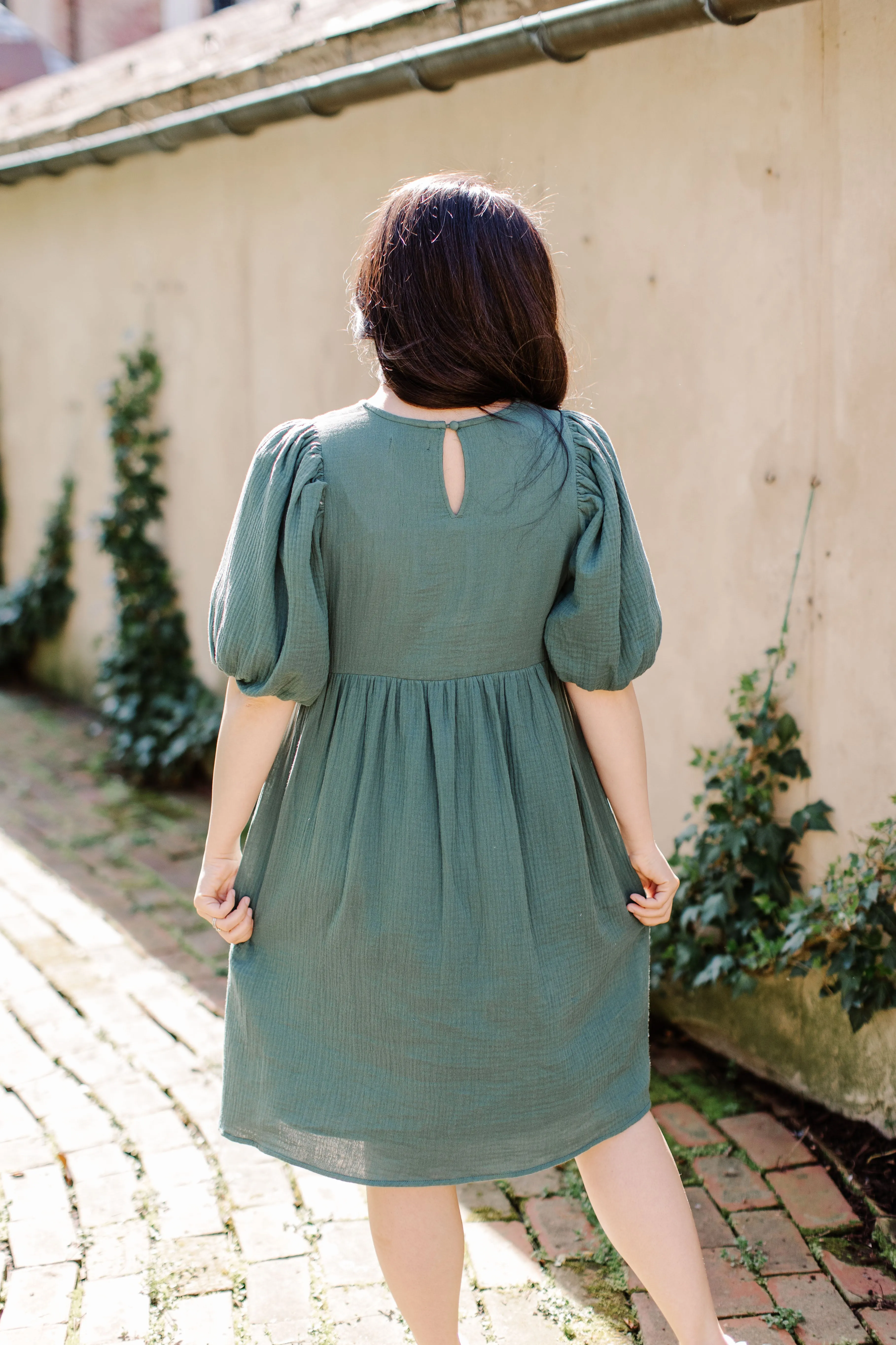 'Michaela' Puff Sleeve Cotton Gauze Petite Length Dress in Jade FINAL SALE