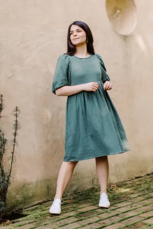 'Michaela' Puff Sleeve Cotton Gauze Petite Length Dress in Jade FINAL SALE