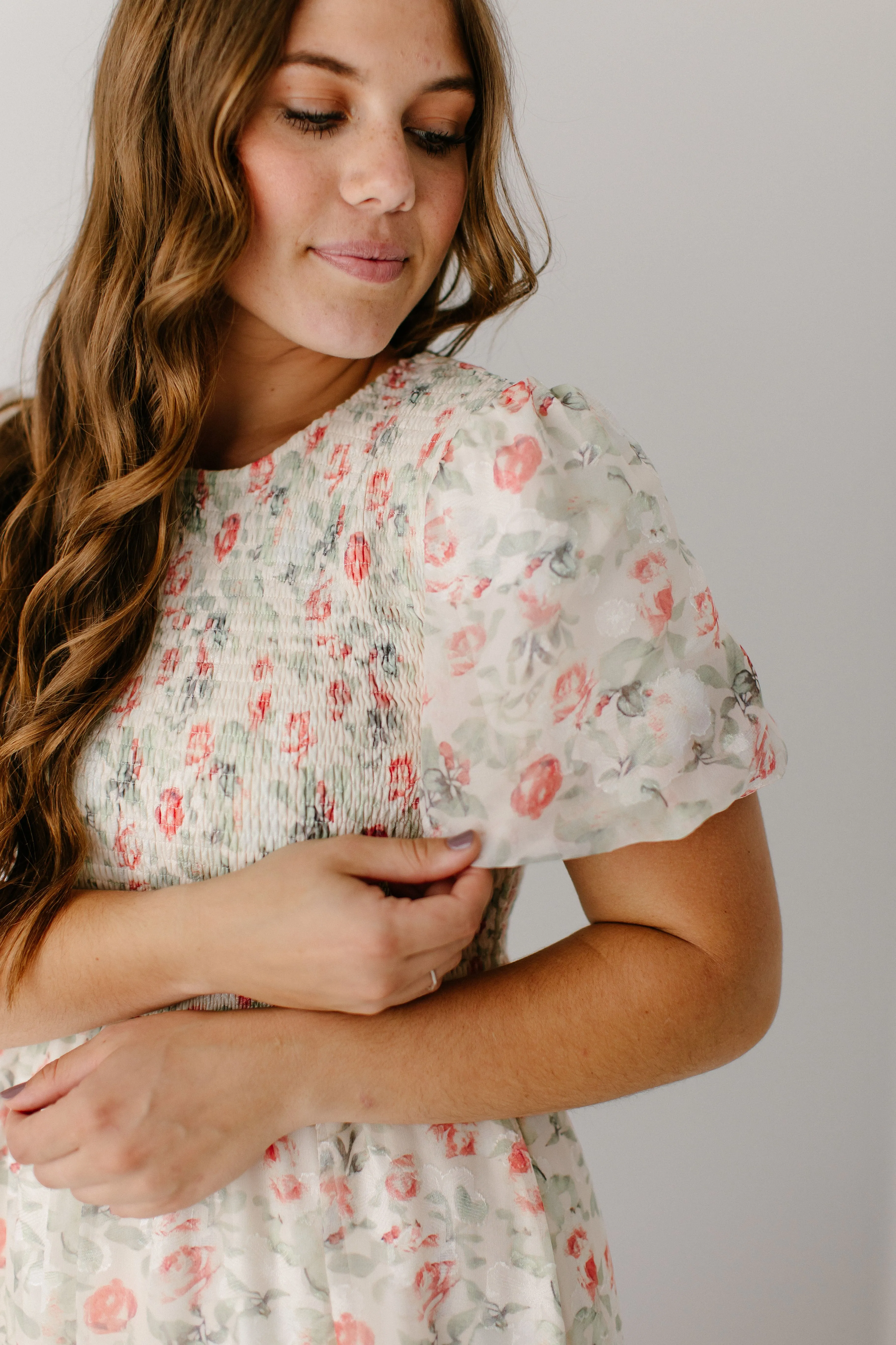 'Nayeli' Jacquard Smocked Floral Midi Dress in Cream FINAL SALE