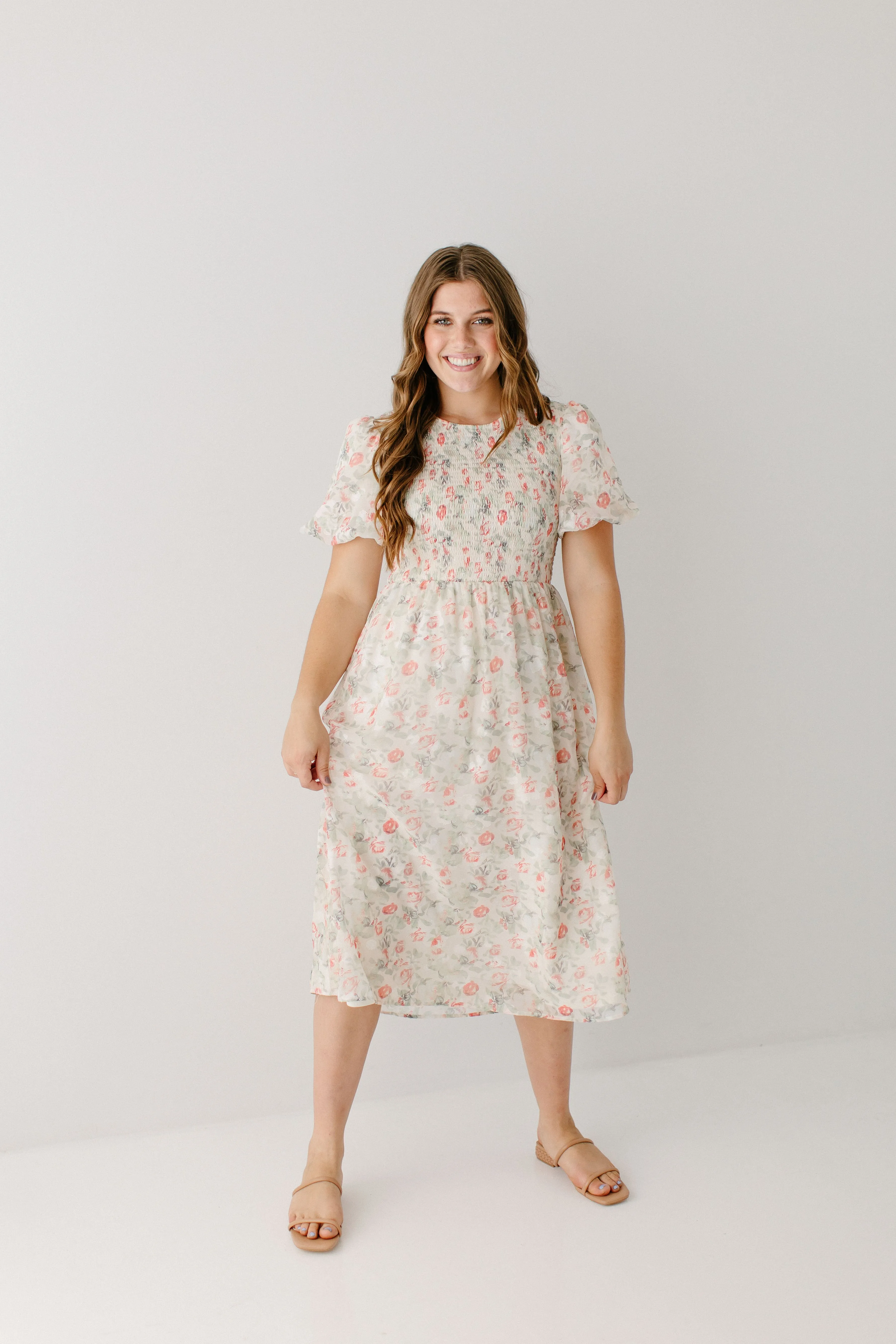 'Nayeli' Jacquard Smocked Floral Midi Dress in Cream FINAL SALE