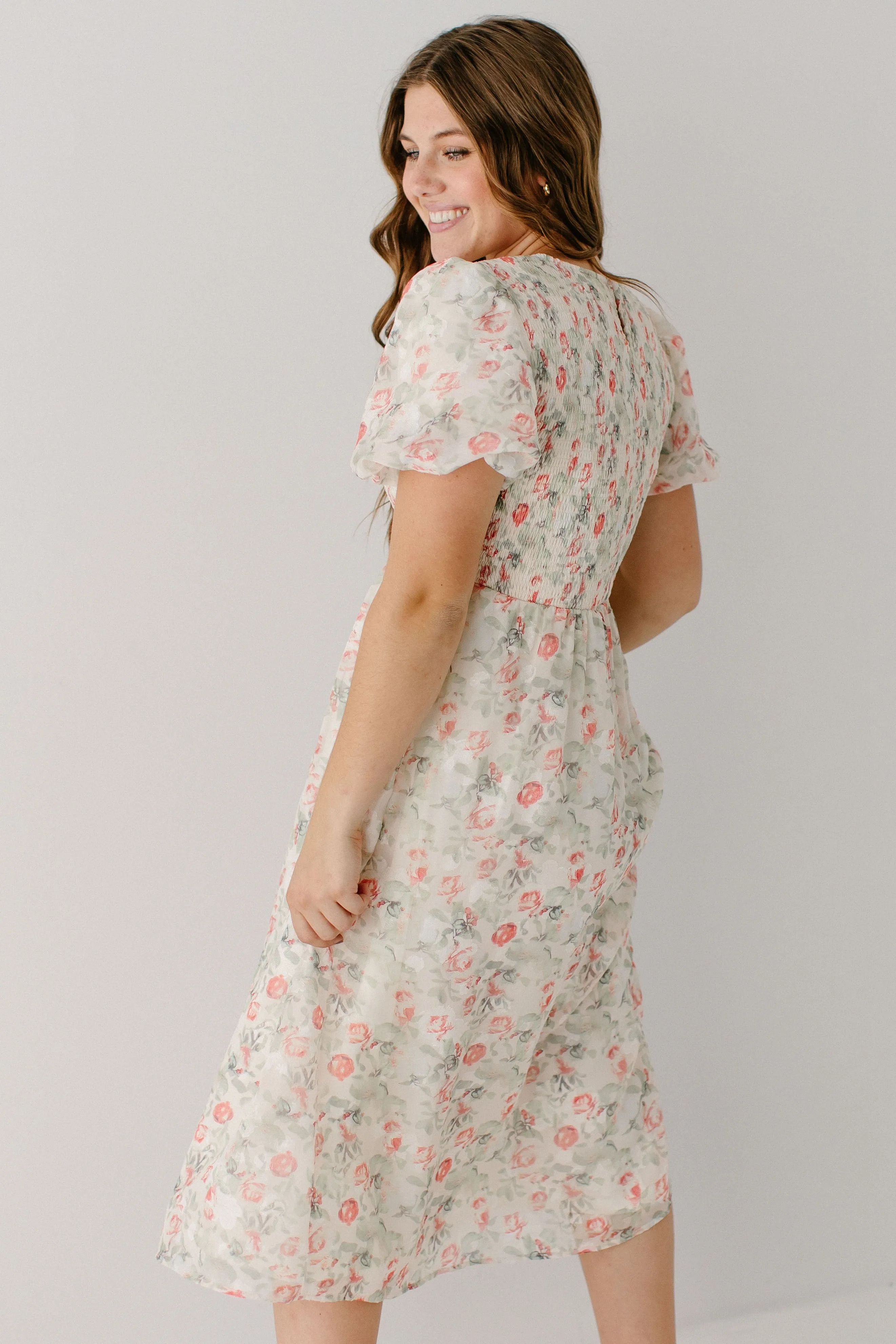 'Nayeli' Jacquard Smocked Floral Midi Dress in Cream FINAL SALE