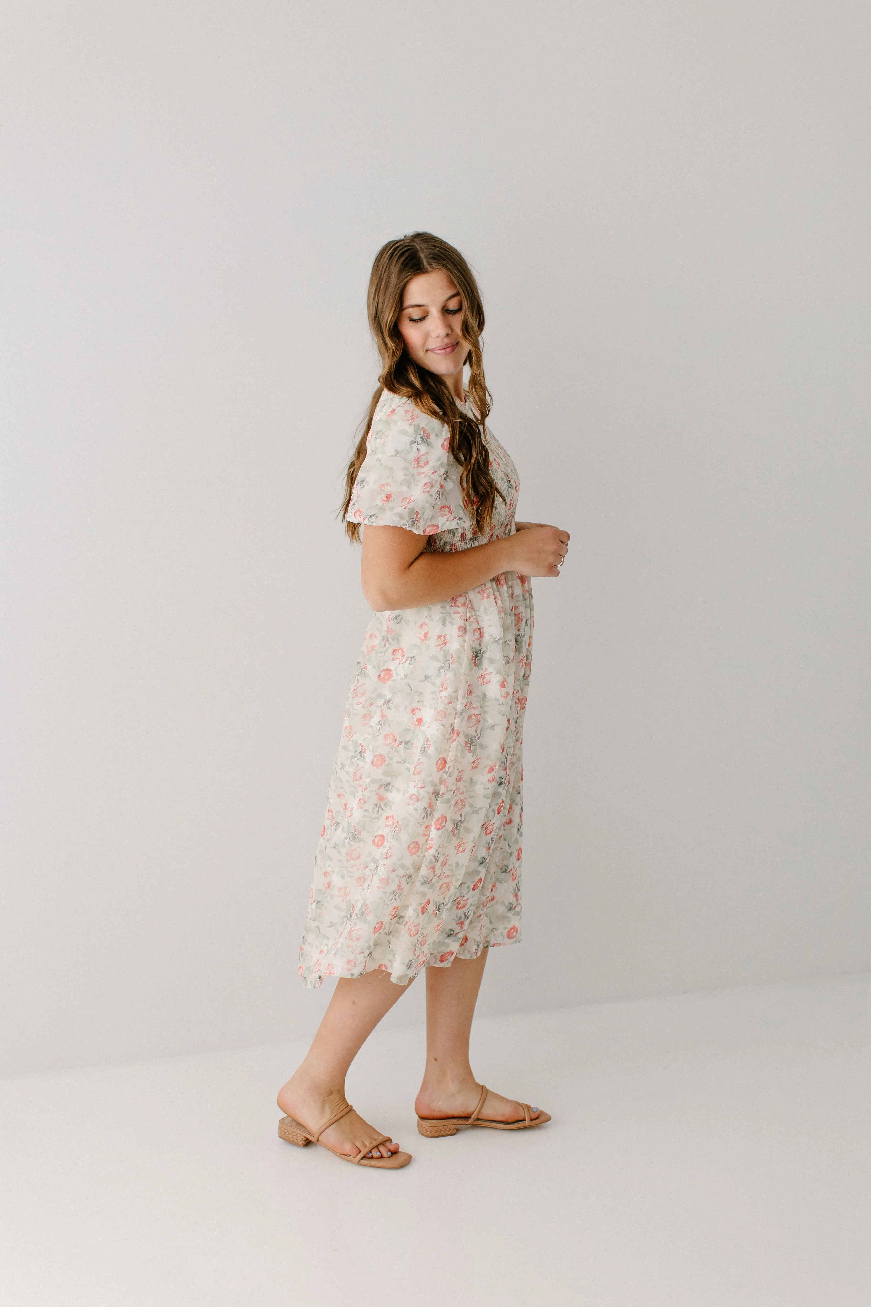 'Nayeli' Jacquard Smocked Floral Midi Dress in Cream FINAL SALE