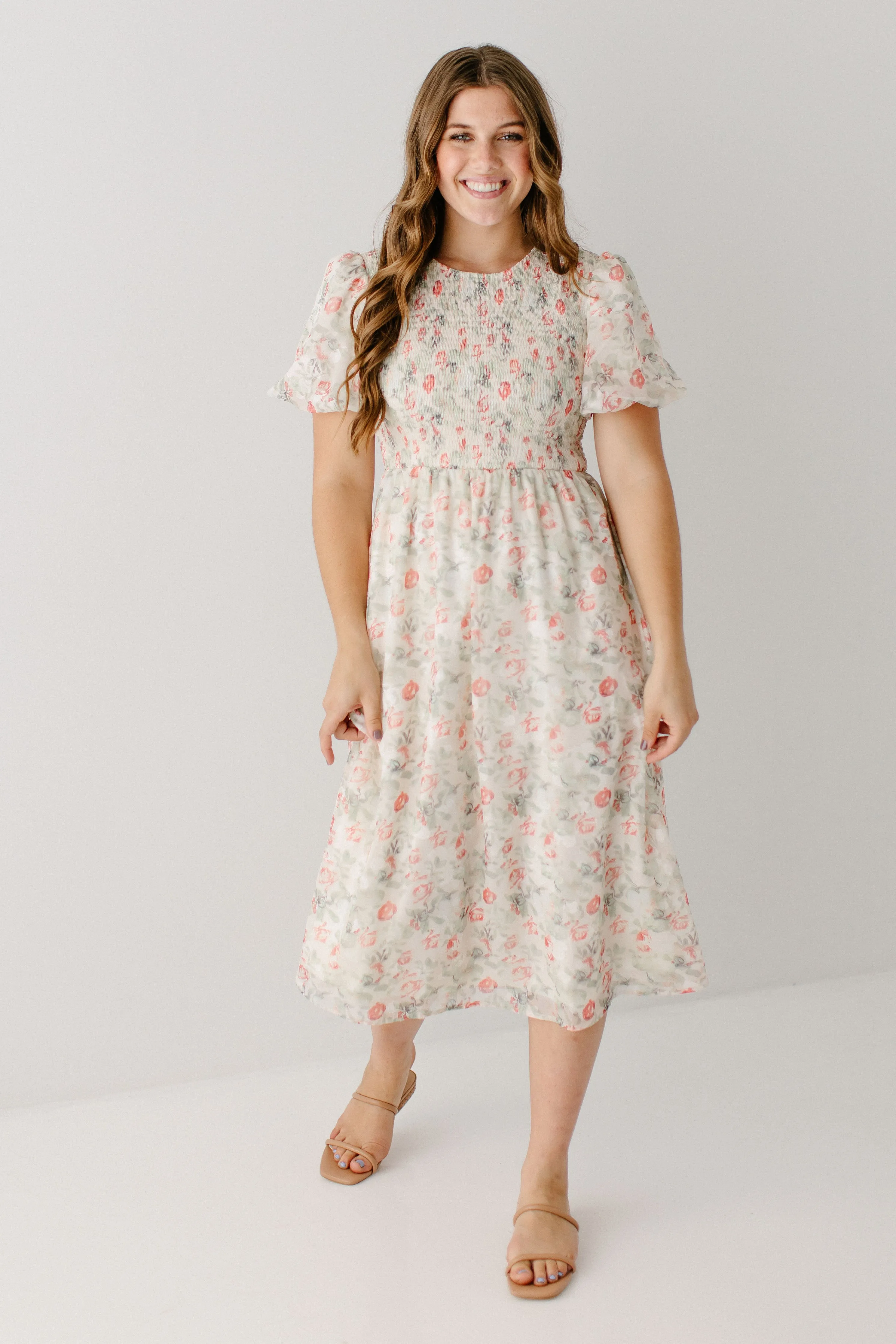 'Nayeli' Jacquard Smocked Floral Midi Dress in Cream FINAL SALE