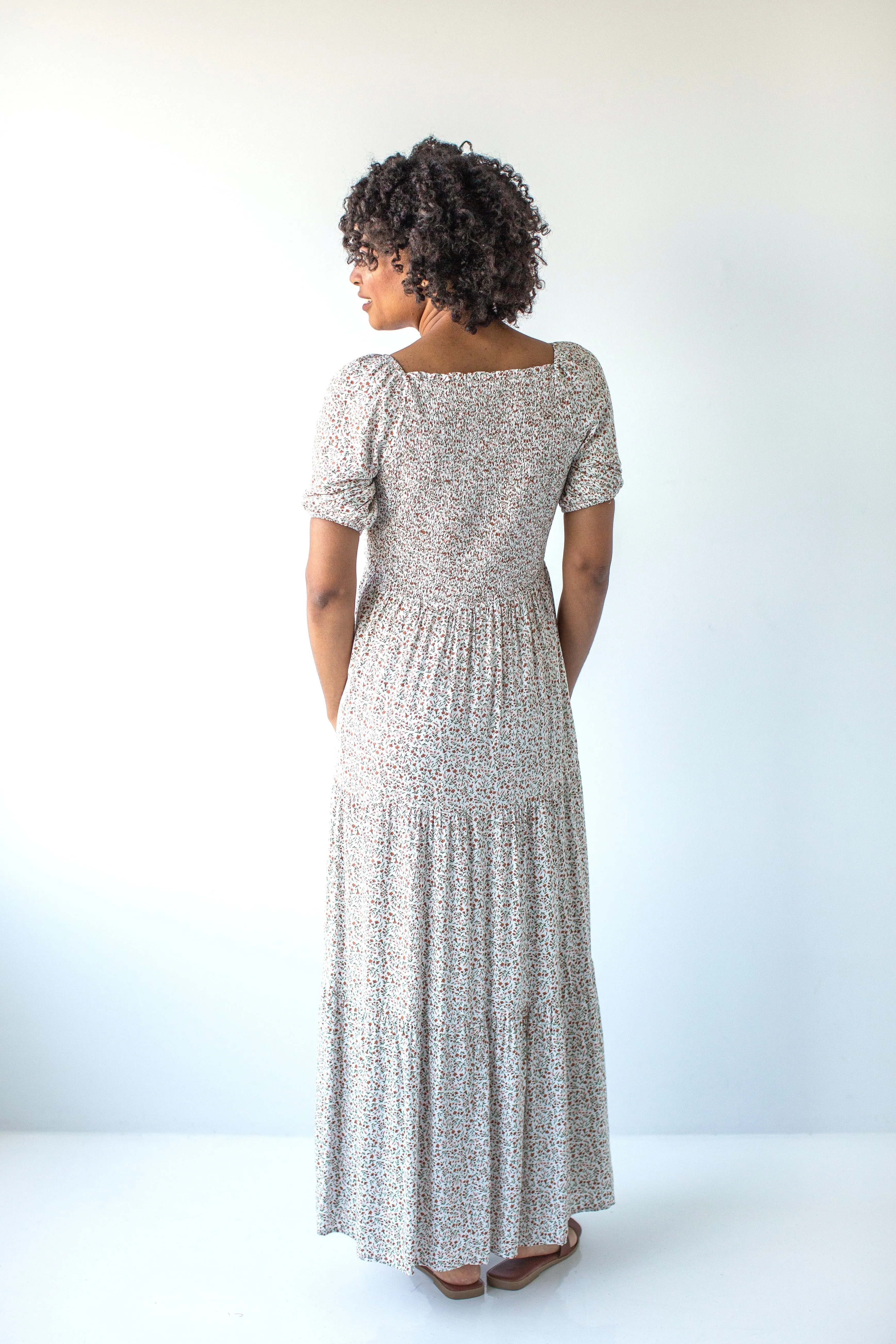 'Patience' Square Neck Smocked Ditsy Floral Maxi Dress in Ivory