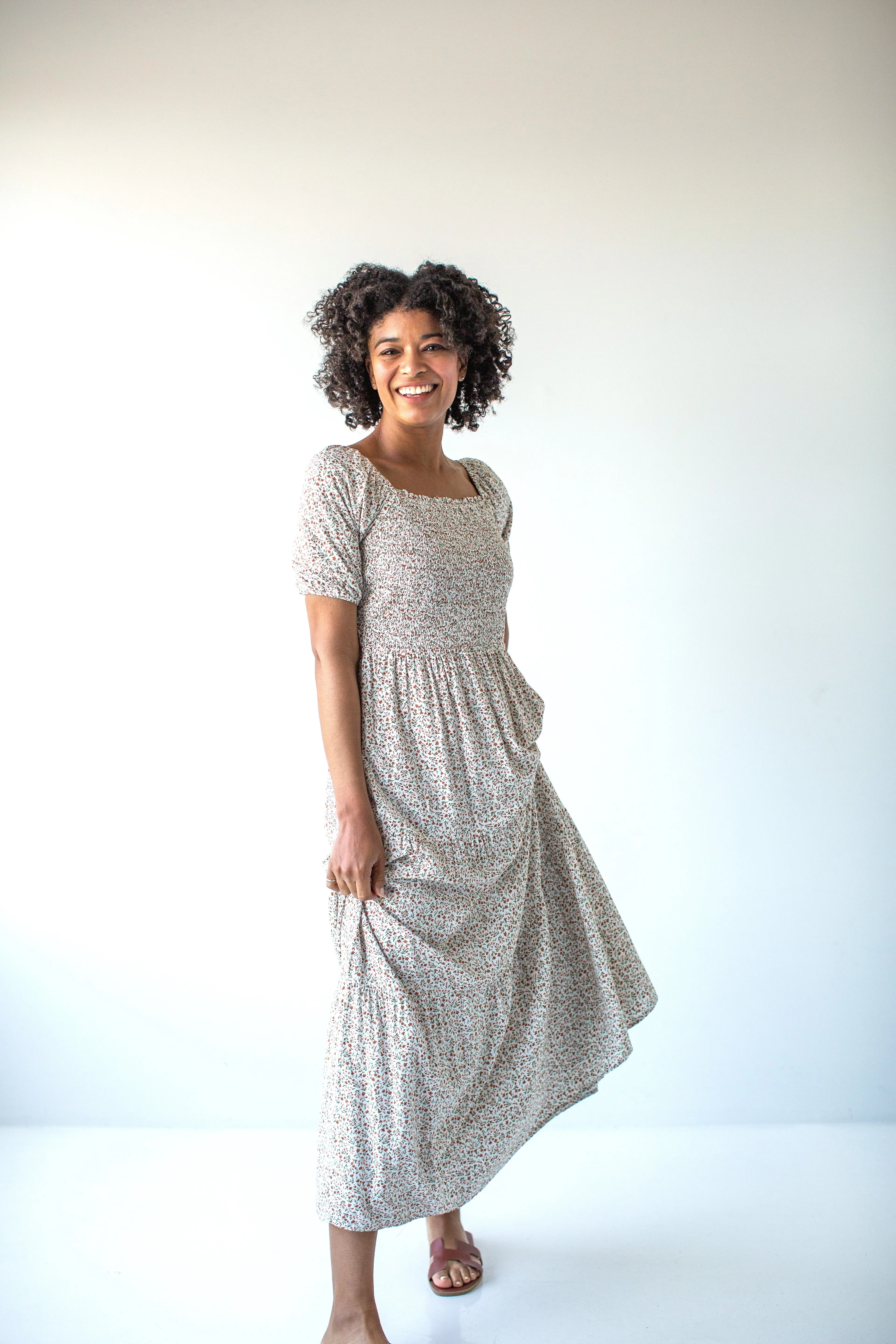 'Patience' Square Neck Smocked Ditsy Floral Maxi Dress in Ivory