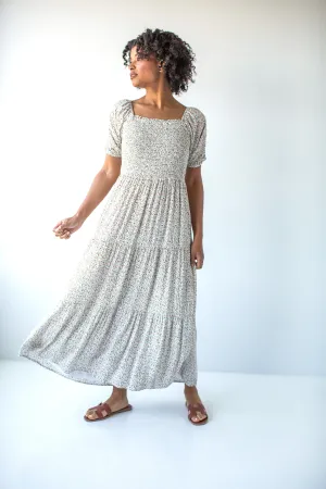 'Patience' Square Neck Smocked Ditsy Floral Maxi Dress in Ivory