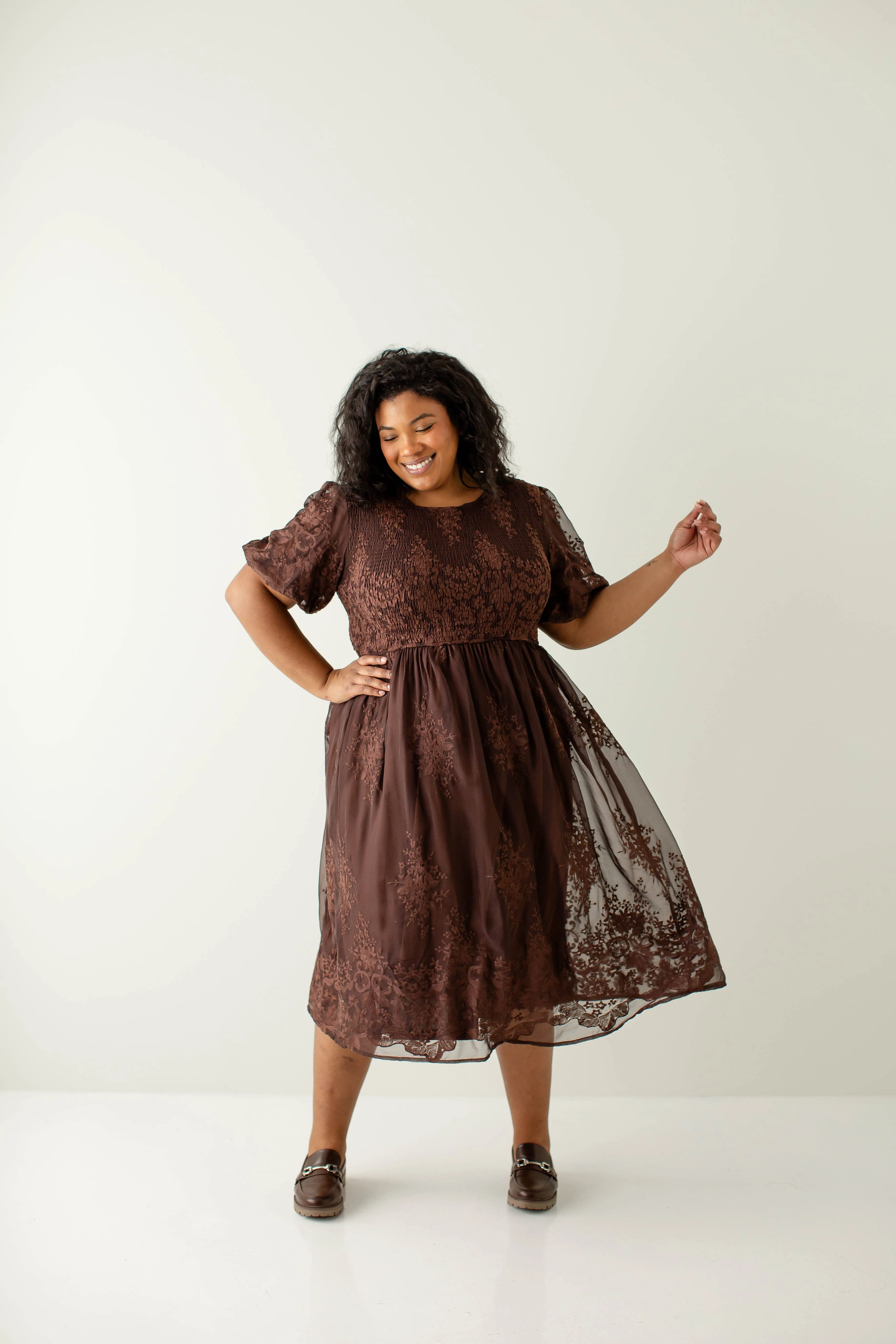 Plus 'Alyssa' Smocked Bodice Embroidered Floral Dress in Chocolate