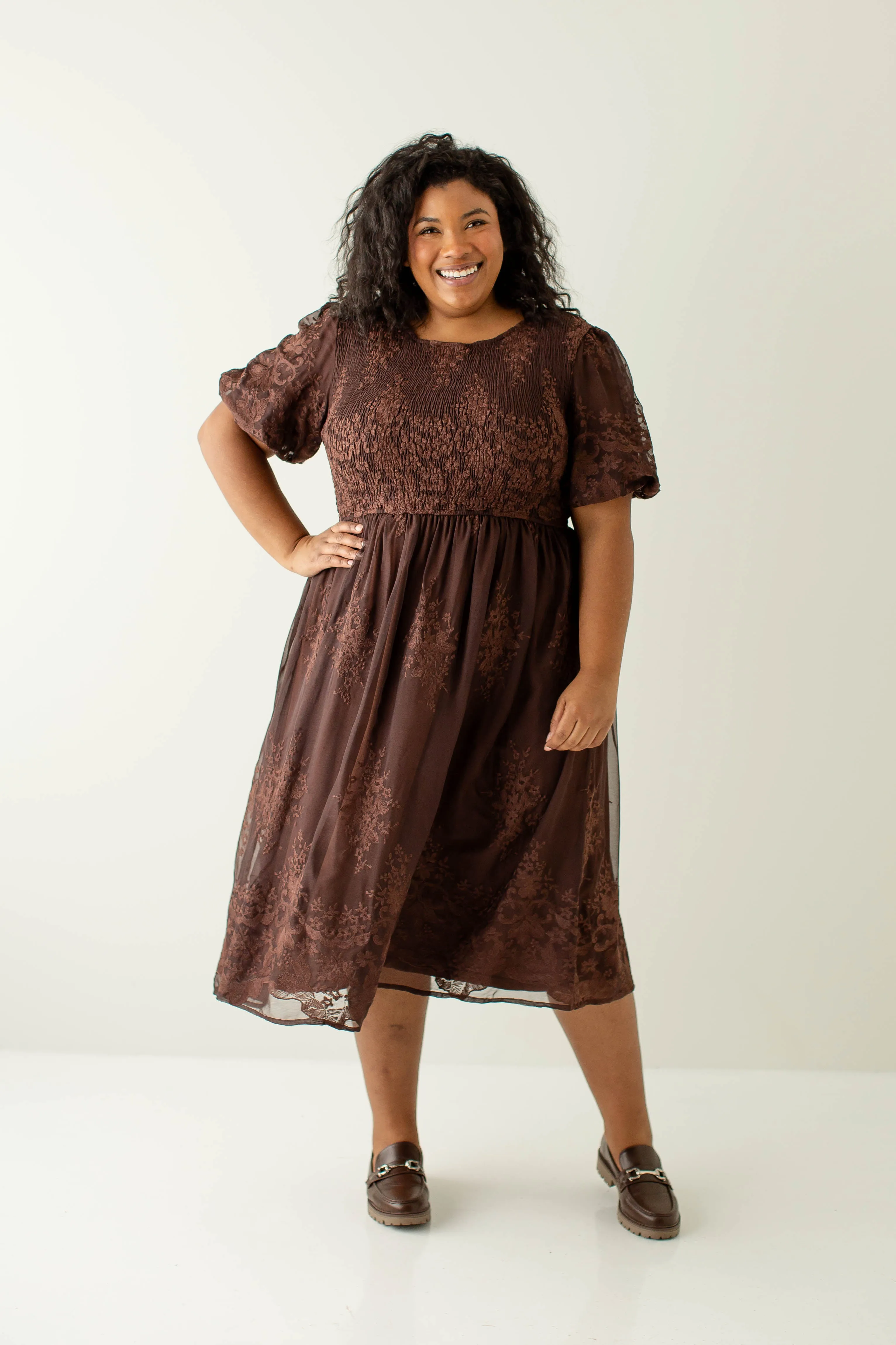 Plus 'Alyssa' Smocked Bodice Embroidered Floral Dress in Chocolate