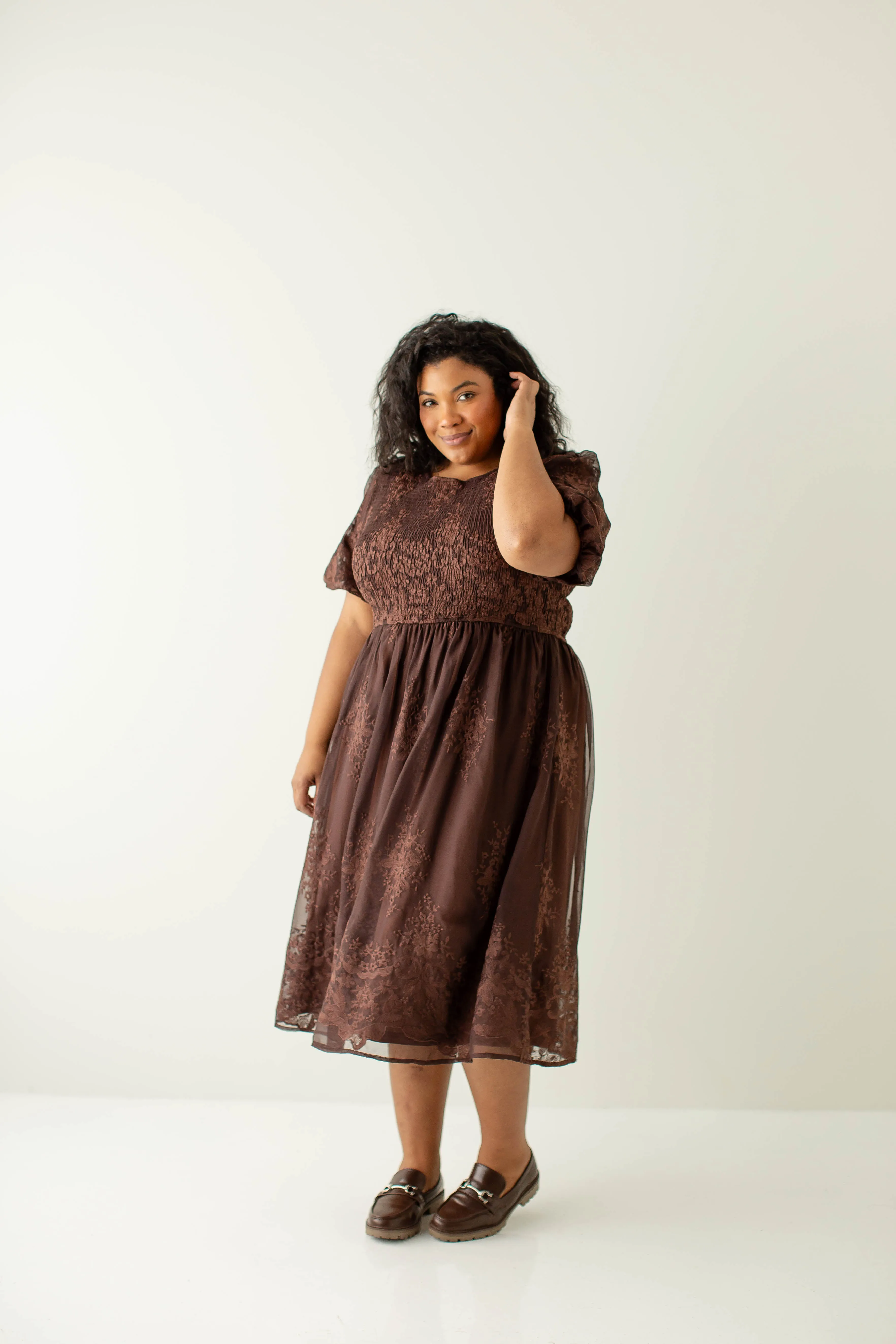 Plus 'Alyssa' Smocked Bodice Embroidered Floral Dress in Chocolate