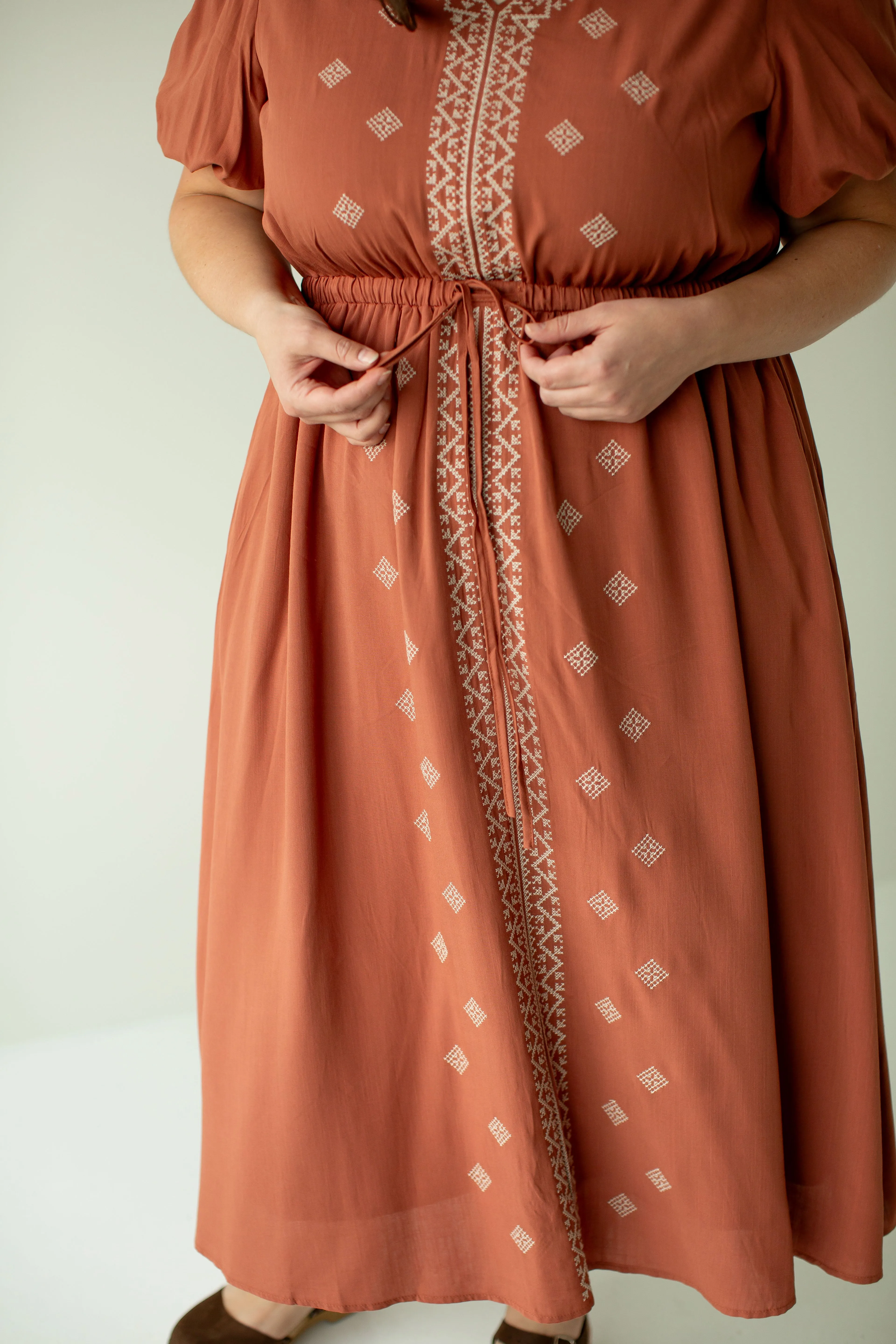 Plus ' Marcella' Puff Sleeve Embroidered Midi Dress in Terracotta