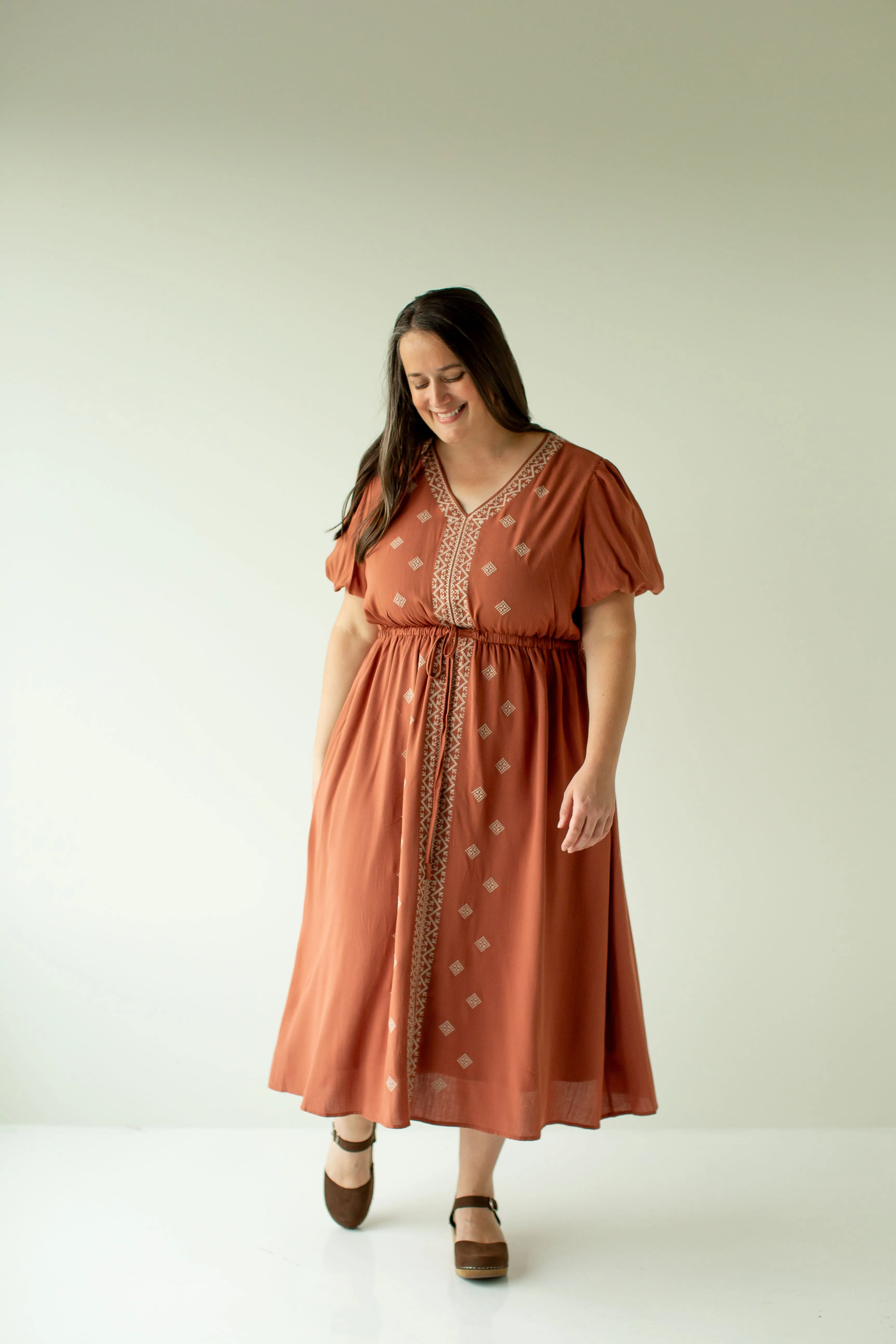 Plus ' Marcella' Puff Sleeve Embroidered Midi Dress in Terracotta