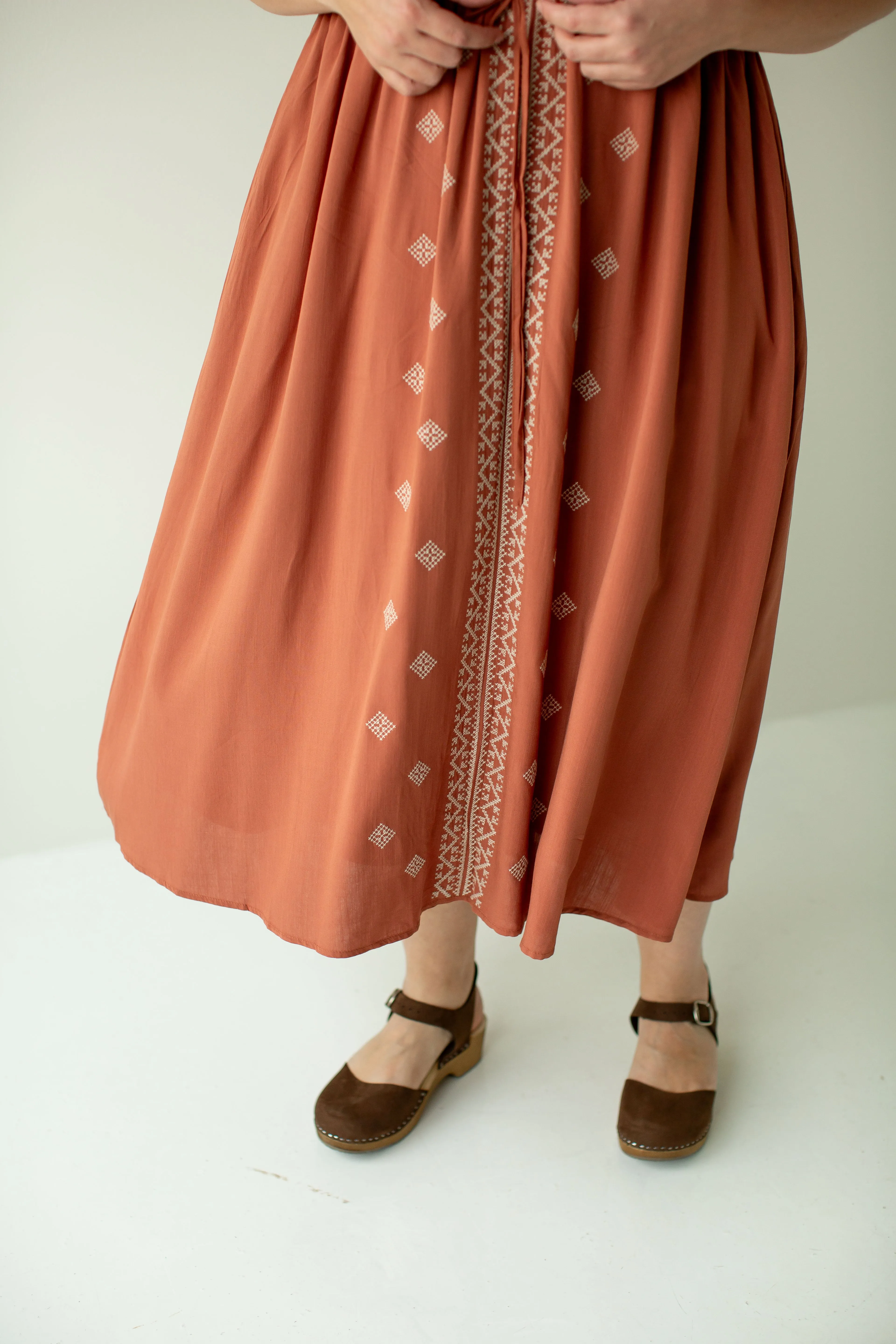 Plus ' Marcella' Puff Sleeve Embroidered Midi Dress in Terracotta