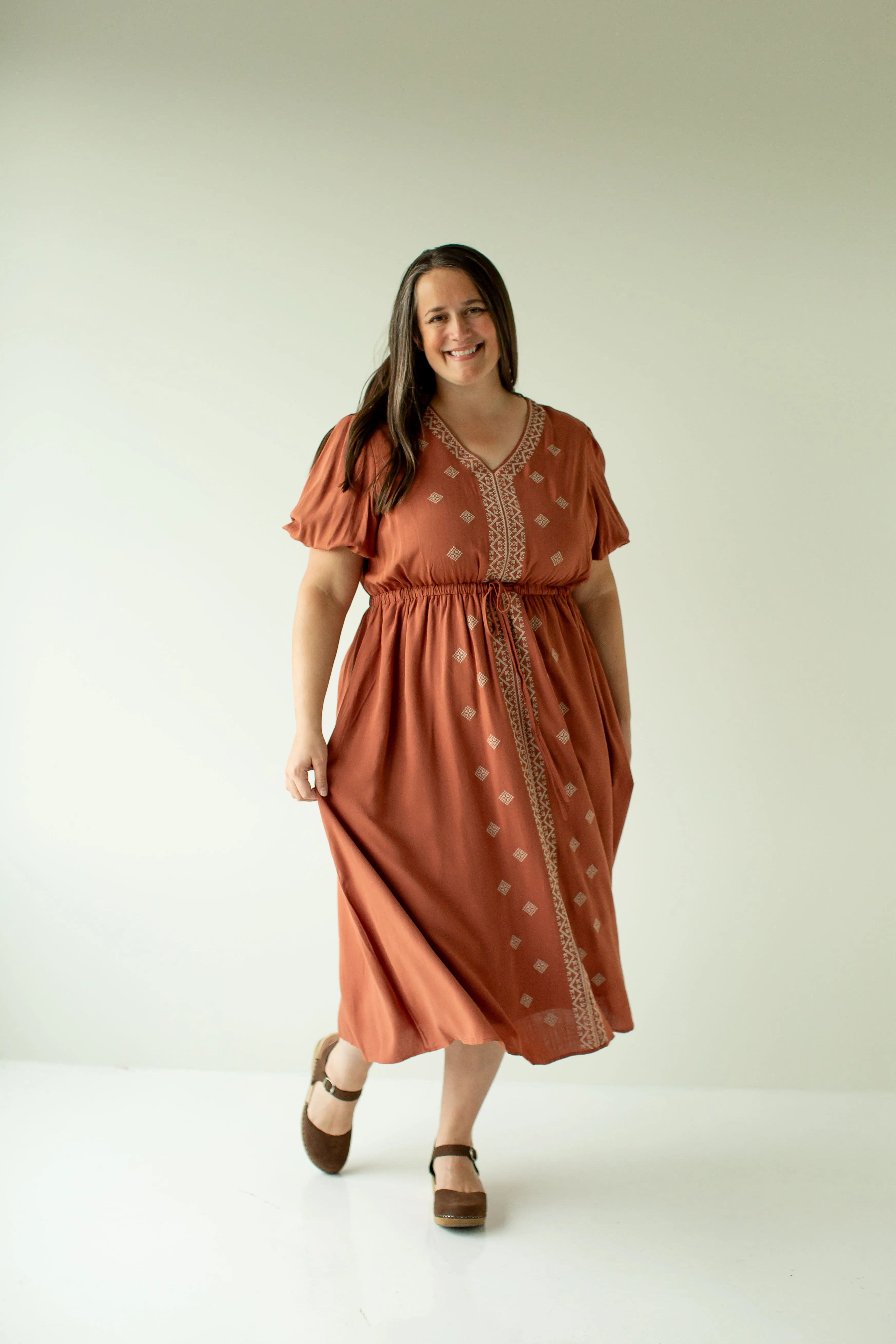 Plus ' Marcella' Puff Sleeve Embroidered Midi Dress in Terracotta