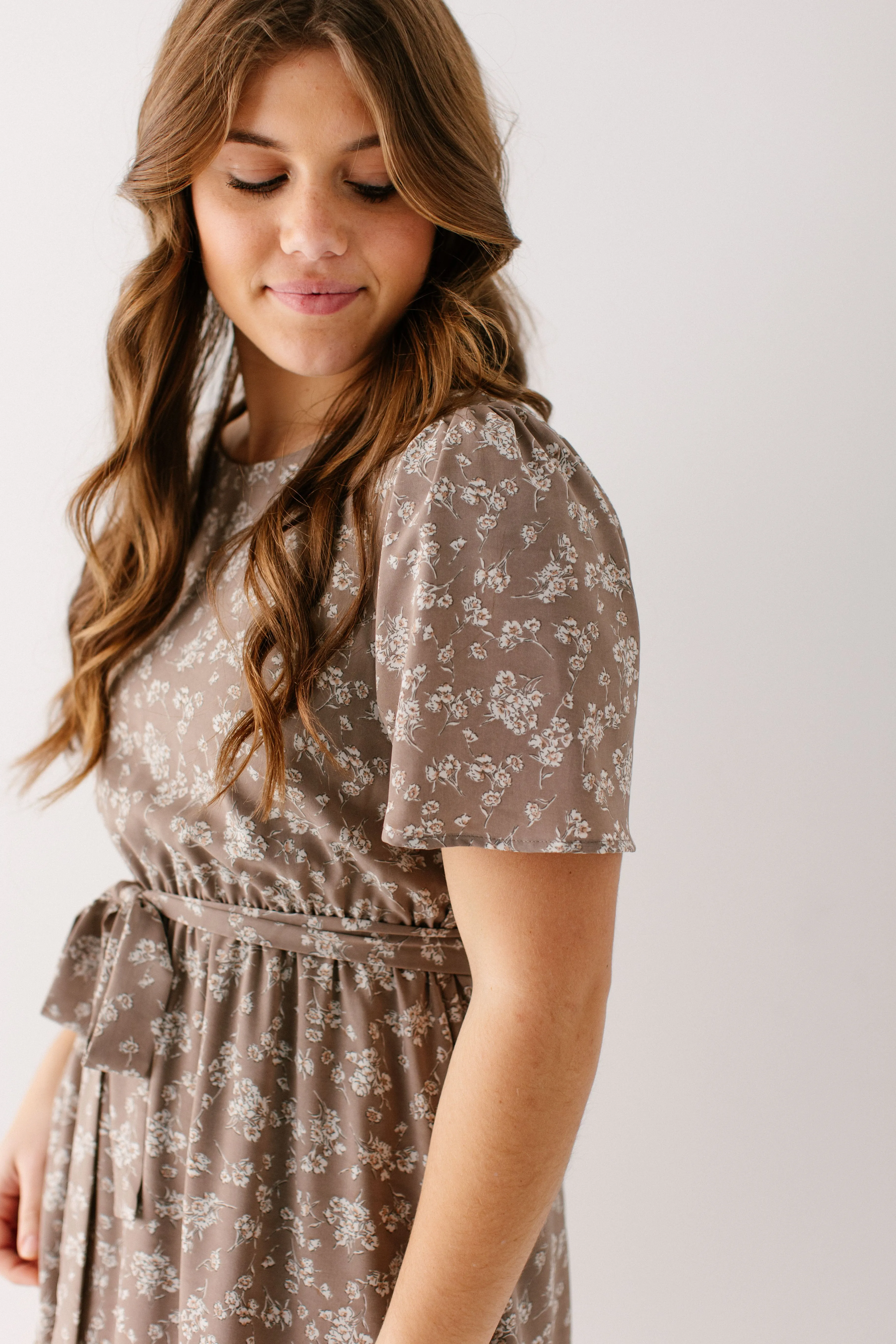 'Ramona' Floral Midi Dress in Soft Taupe FINAL SALE