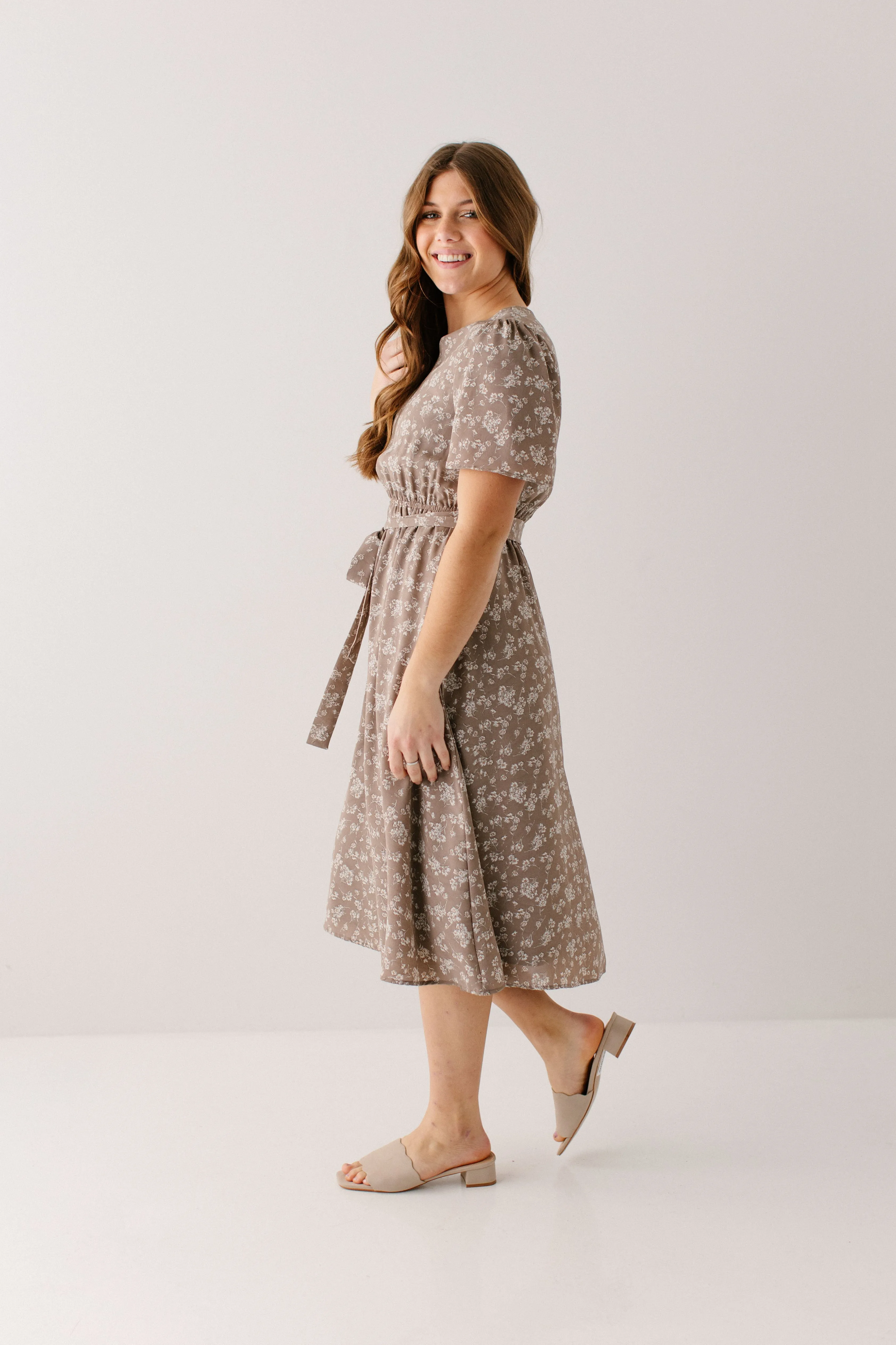 'Ramona' Floral Midi Dress in Soft Taupe FINAL SALE