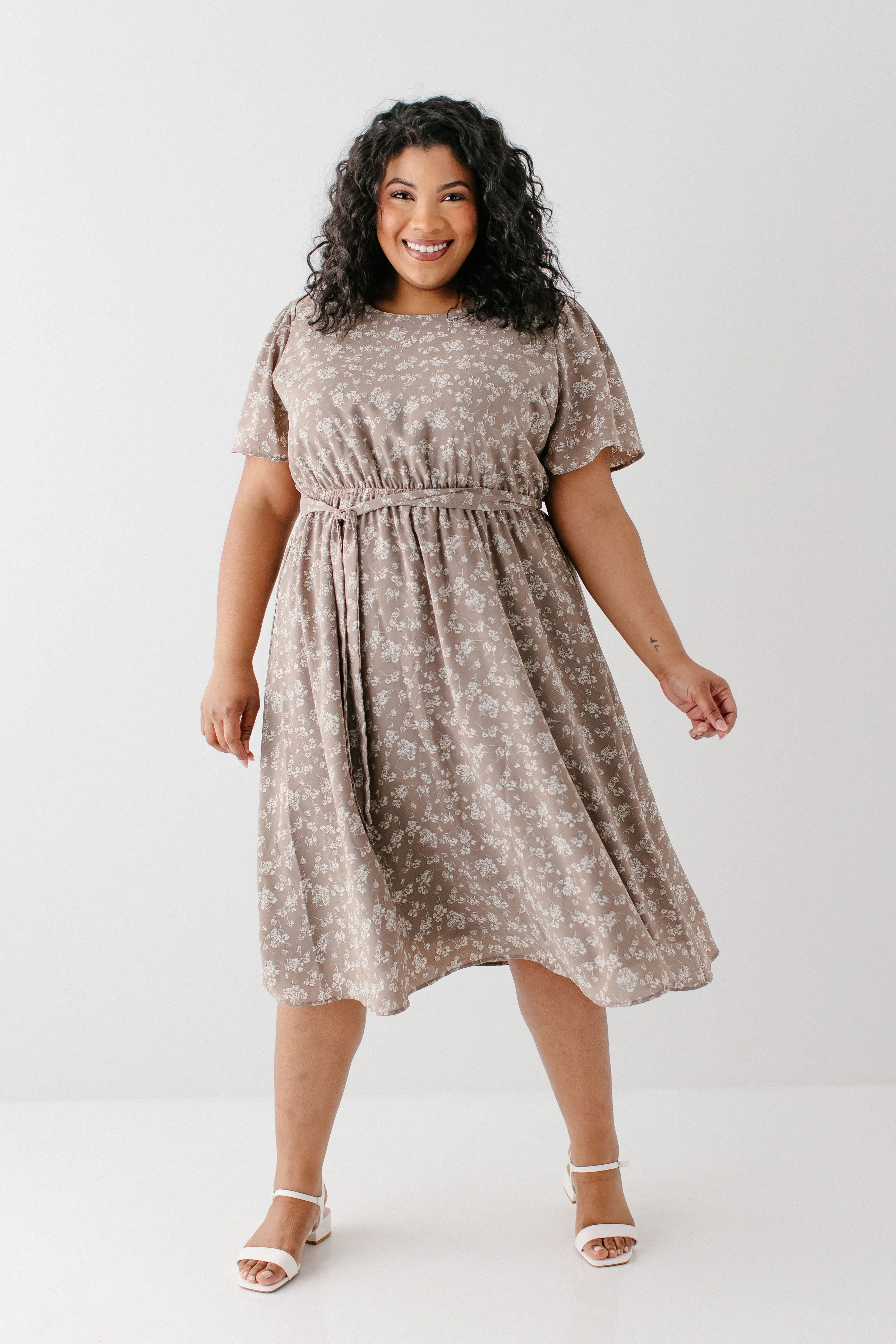 'Ramona' Floral Midi Dress in Soft Taupe FINAL SALE