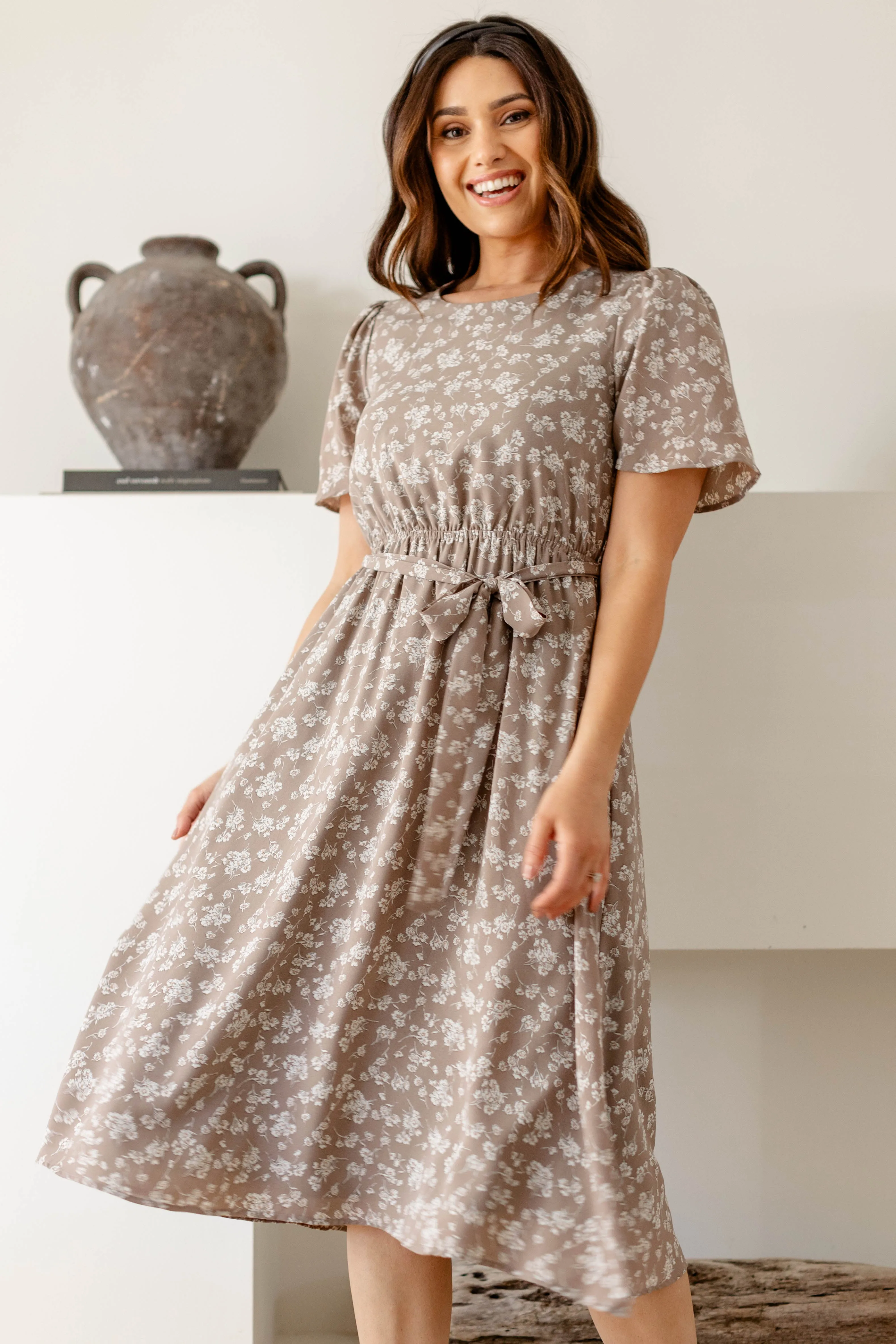 'Ramona' Floral Midi Dress in Soft Taupe FINAL SALE