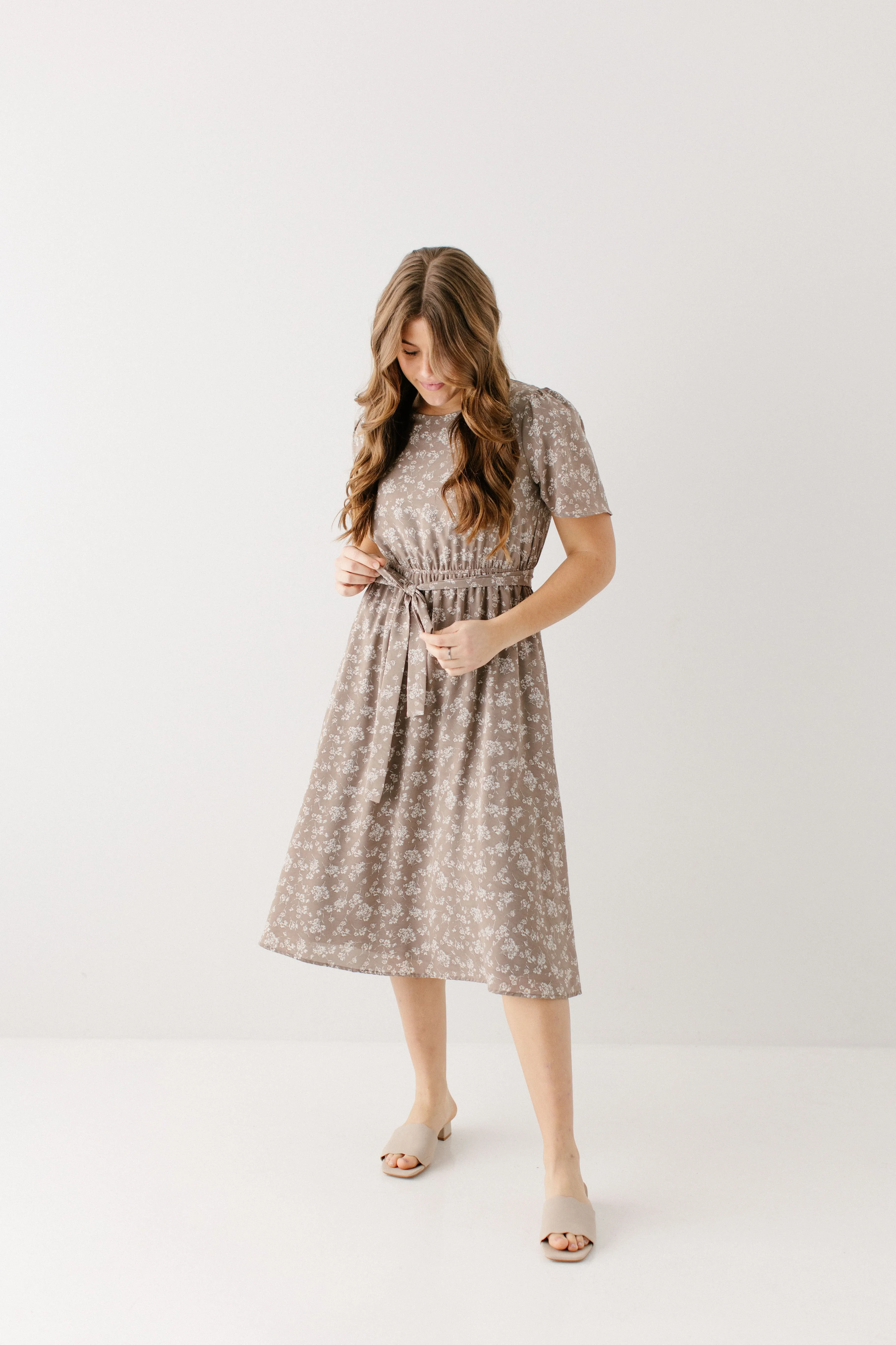 'Ramona' Floral Midi Dress in Soft Taupe FINAL SALE