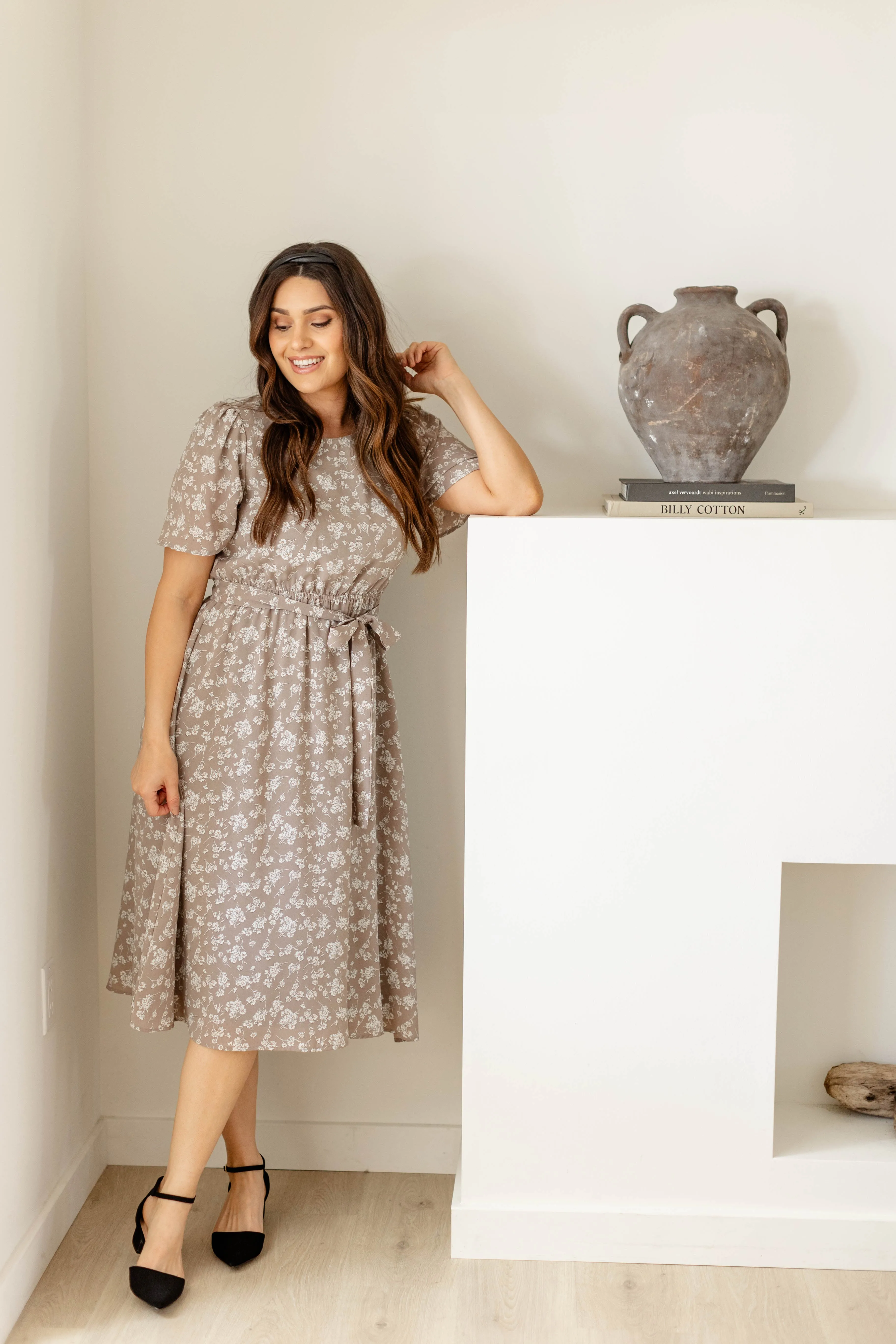 'Ramona' Floral Midi Dress in Soft Taupe FINAL SALE