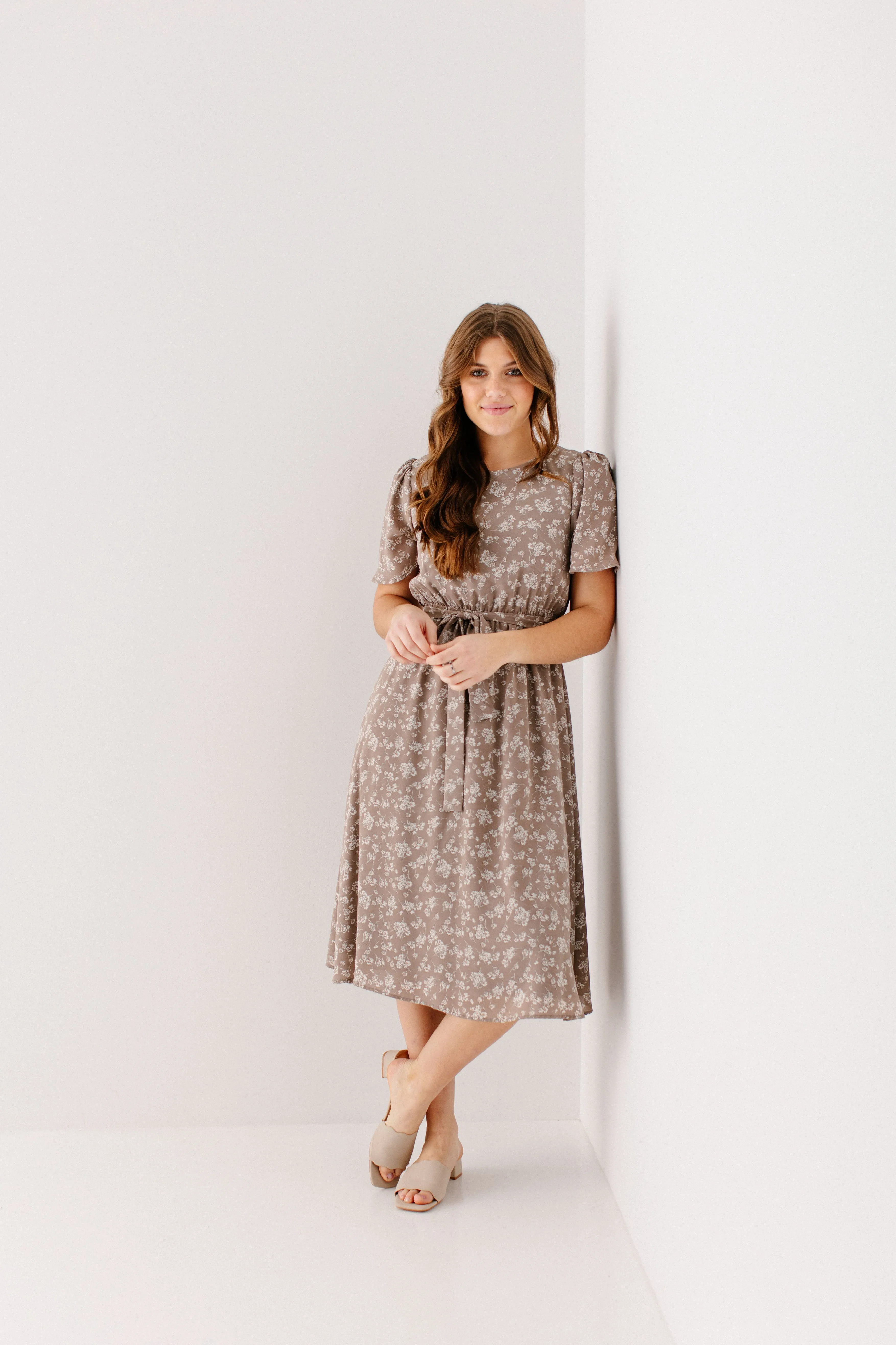 'Ramona' Floral Midi Dress in Soft Taupe FINAL SALE