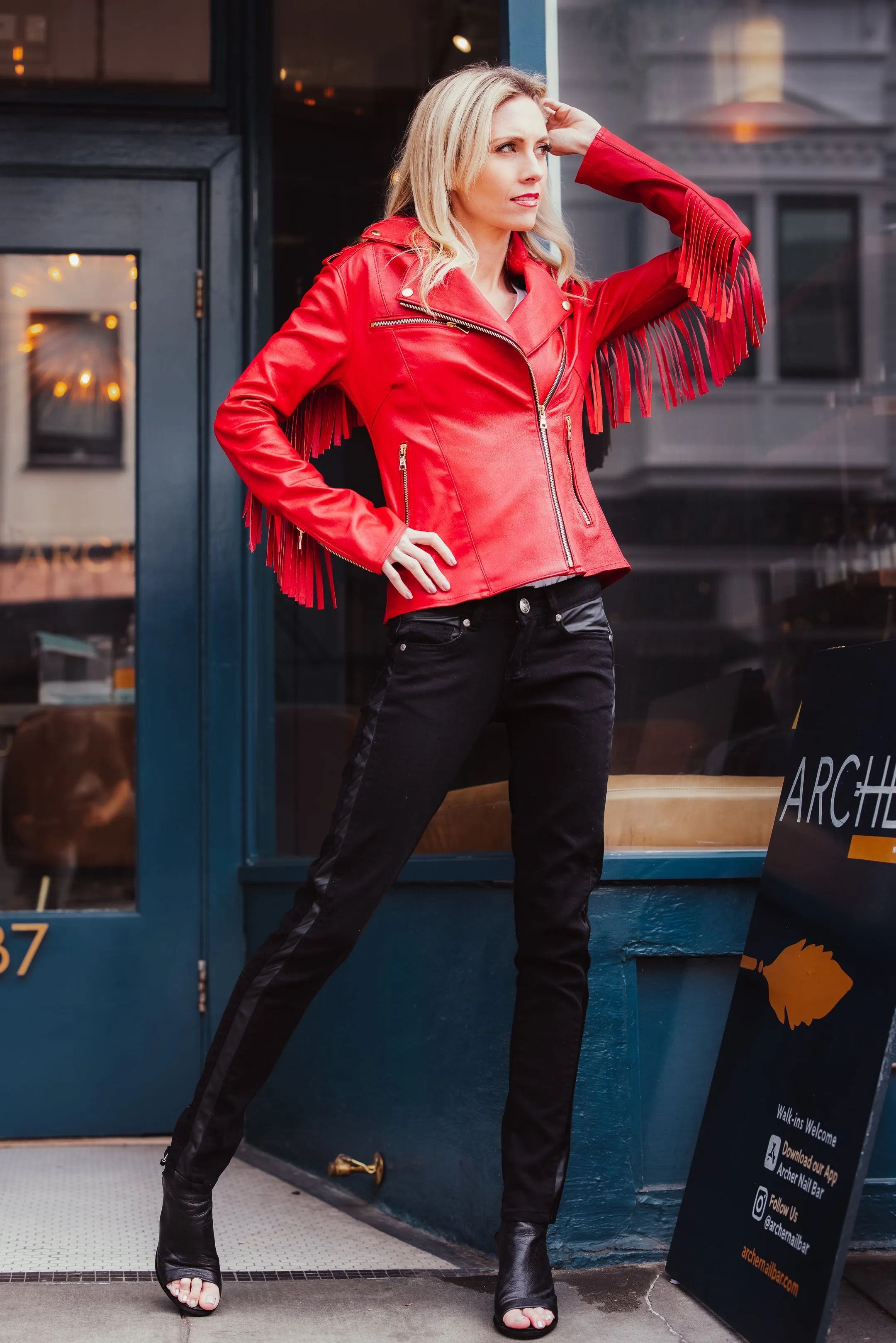 Red Nashville Stretch Leather Fringe Jacket