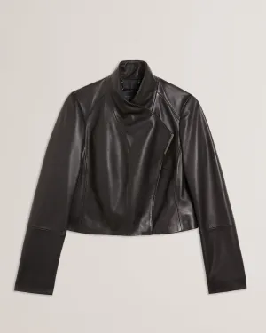 Riyoze Cropped Leather Wrap Jacket Black