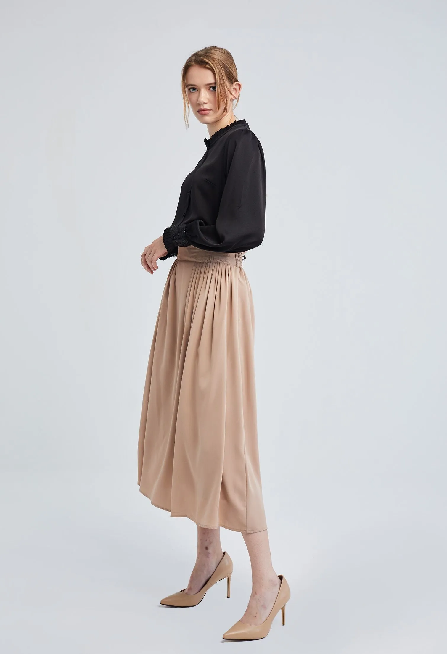 Ruffle Paper Bag Waist Midi Skirt