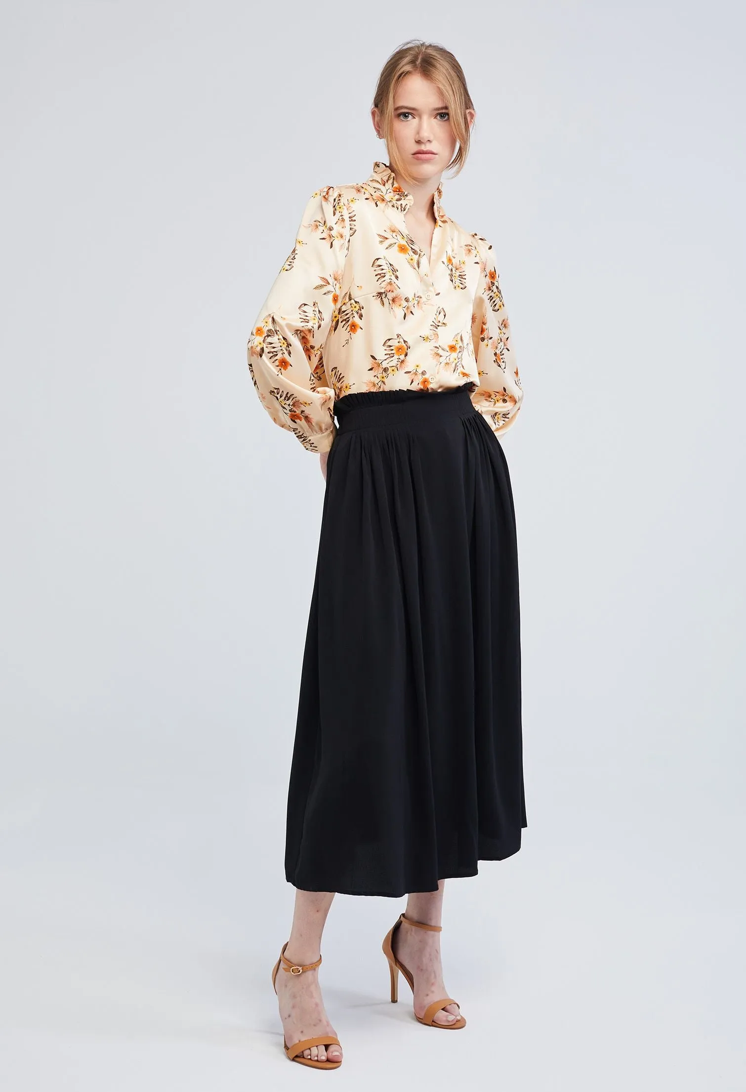 Ruffle Paper Bag Waist Midi Skirt