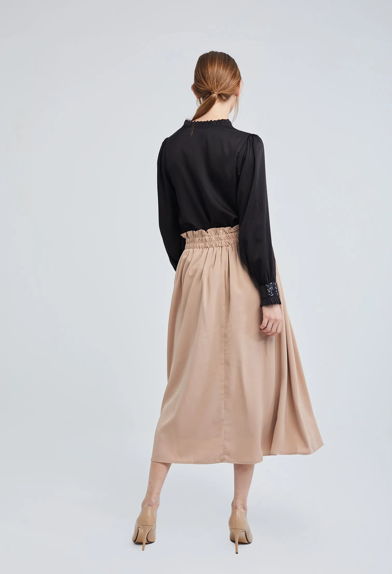 Ruffle Paper Bag Waist Midi Skirt