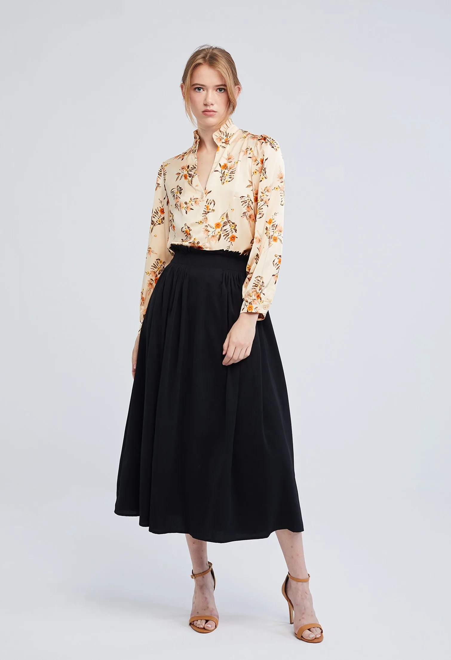 Ruffle Paper Bag Waist Midi Skirt