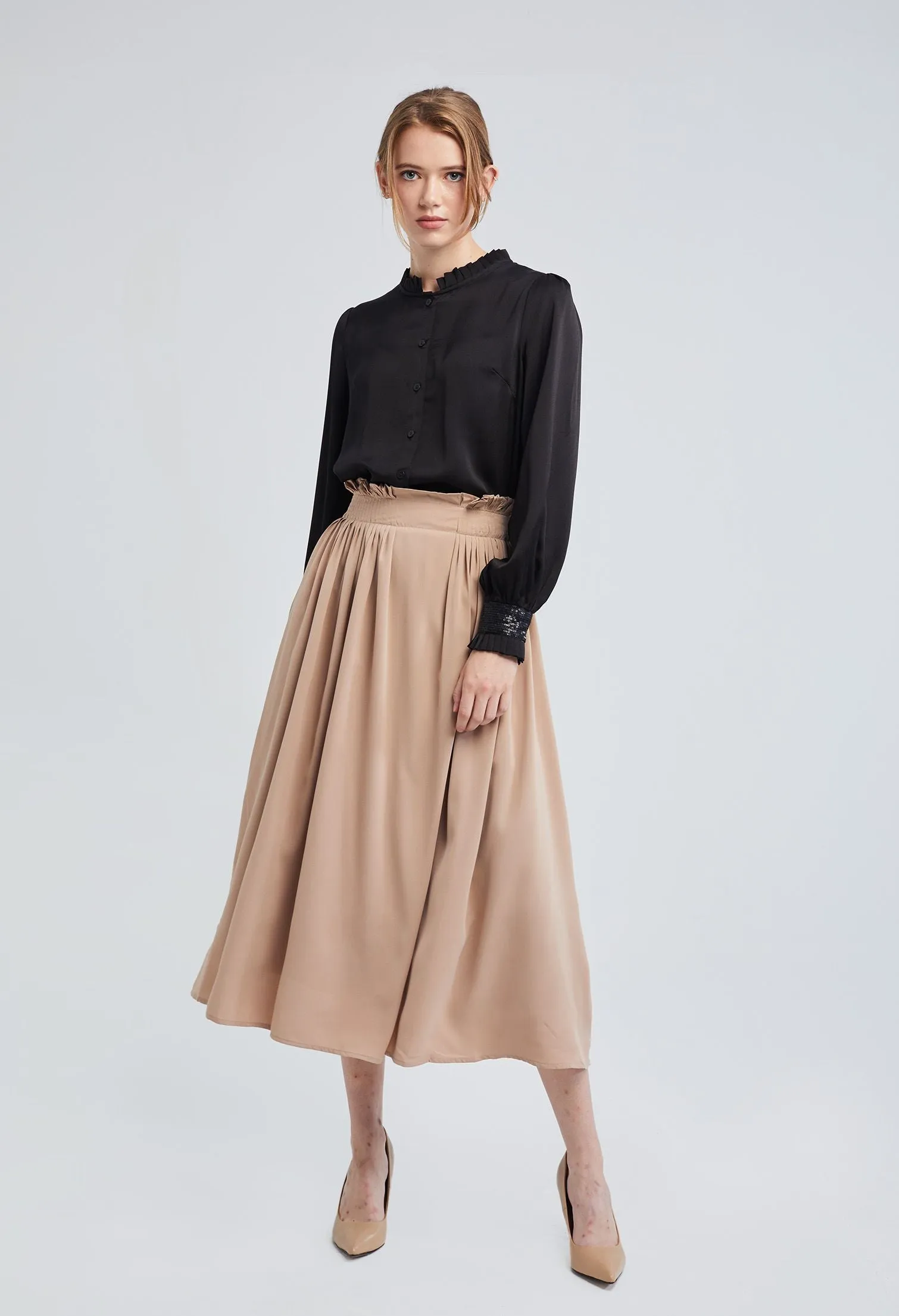 Ruffle Paper Bag Waist Midi Skirt