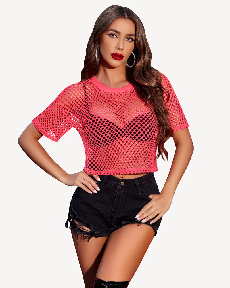 Sheer Fishnet Top Short Sleeves Crop Top