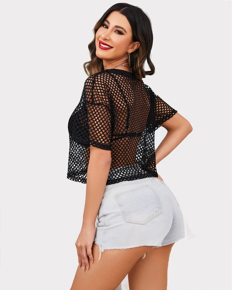 Sheer Fishnet Top Short Sleeves Crop Top